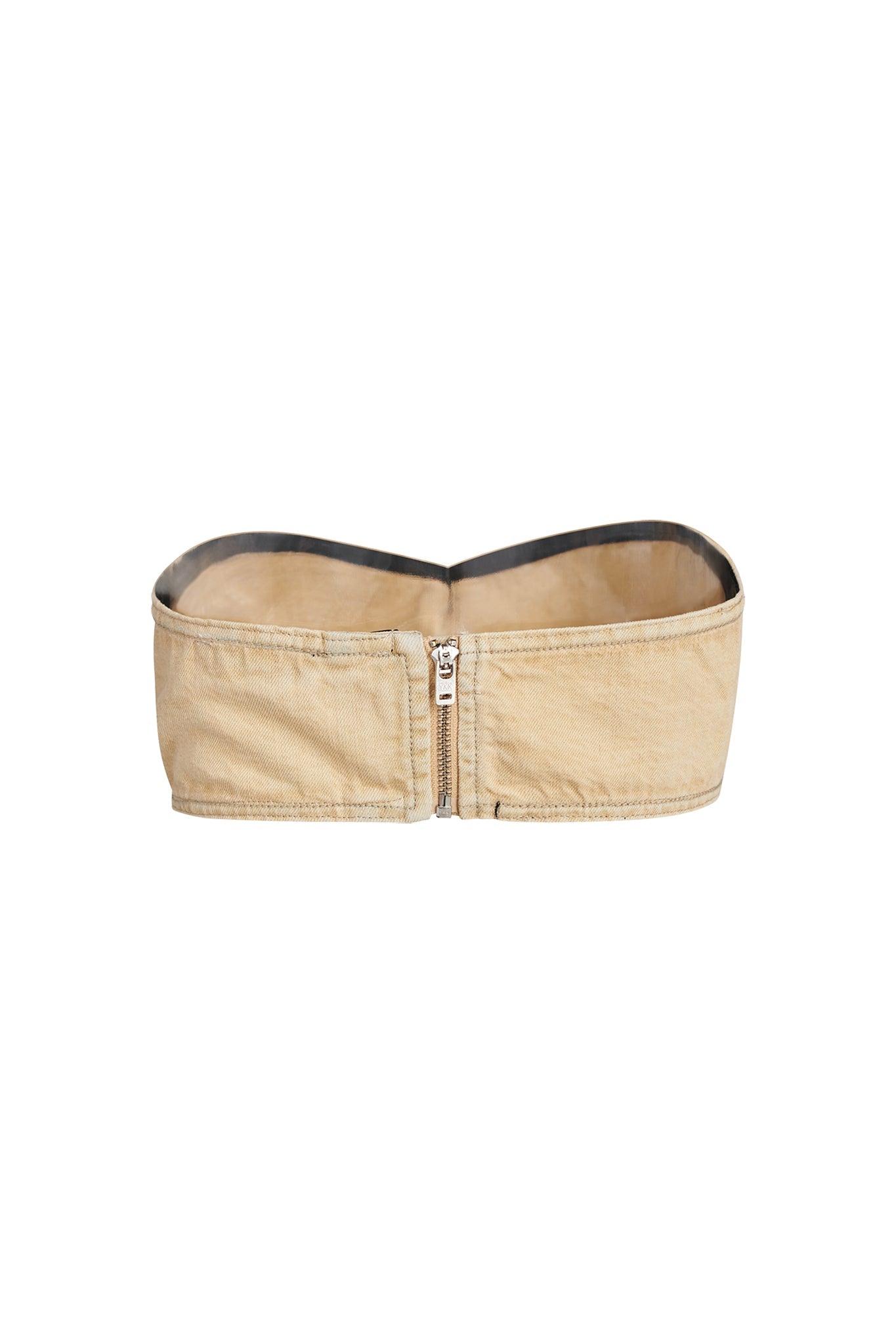 The FAUNA BANDEAU - BEIGE : TAN DENIM by I.AM.GIA features a circular design with a front-centered silver zipper. Its inside lining contrasts in a darker shade against the lighter, slightly rough-textured exterior.