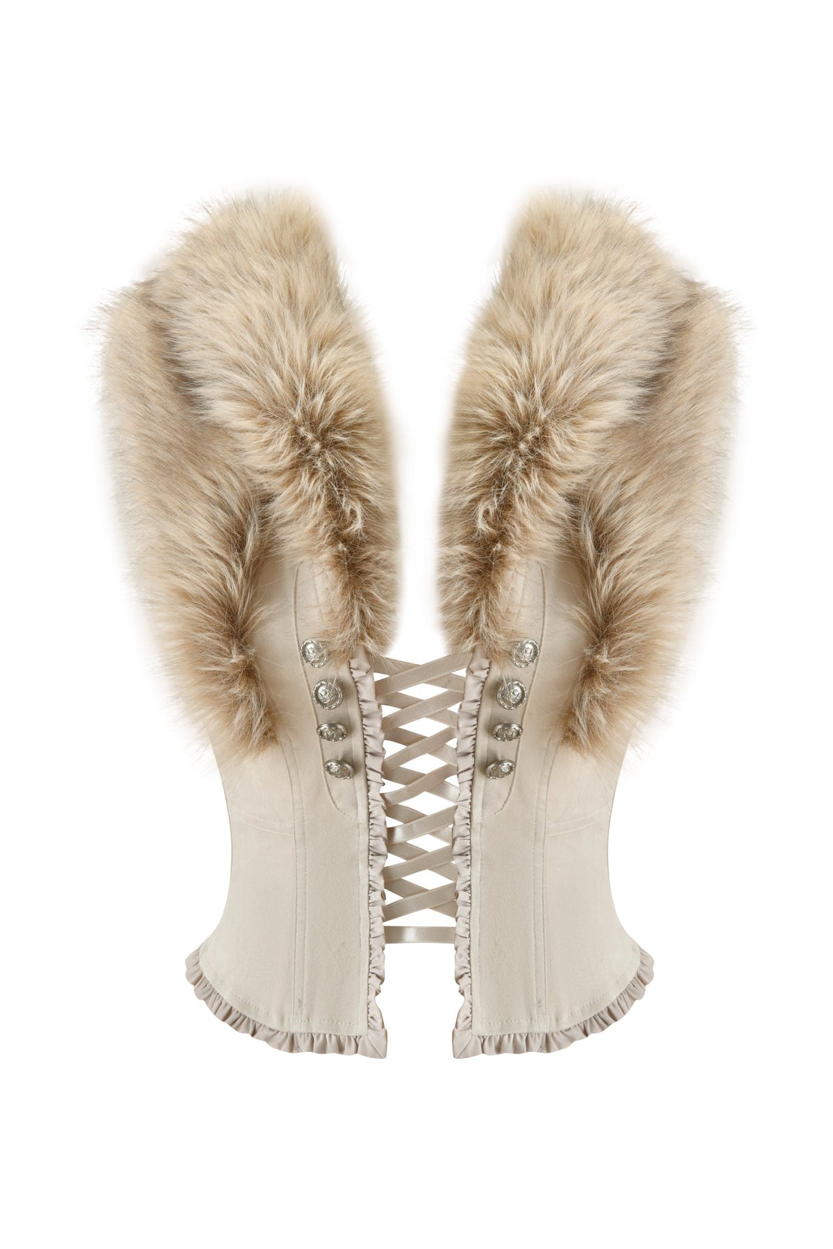 Introducing the VEYGA TOP - CREAM by I.AM.GIA: a striking cream corset-style top featuring front lacing, silver button details, and ruffled trim, finished with an oversized faux fur collar along the top edges for dramatic flair.
