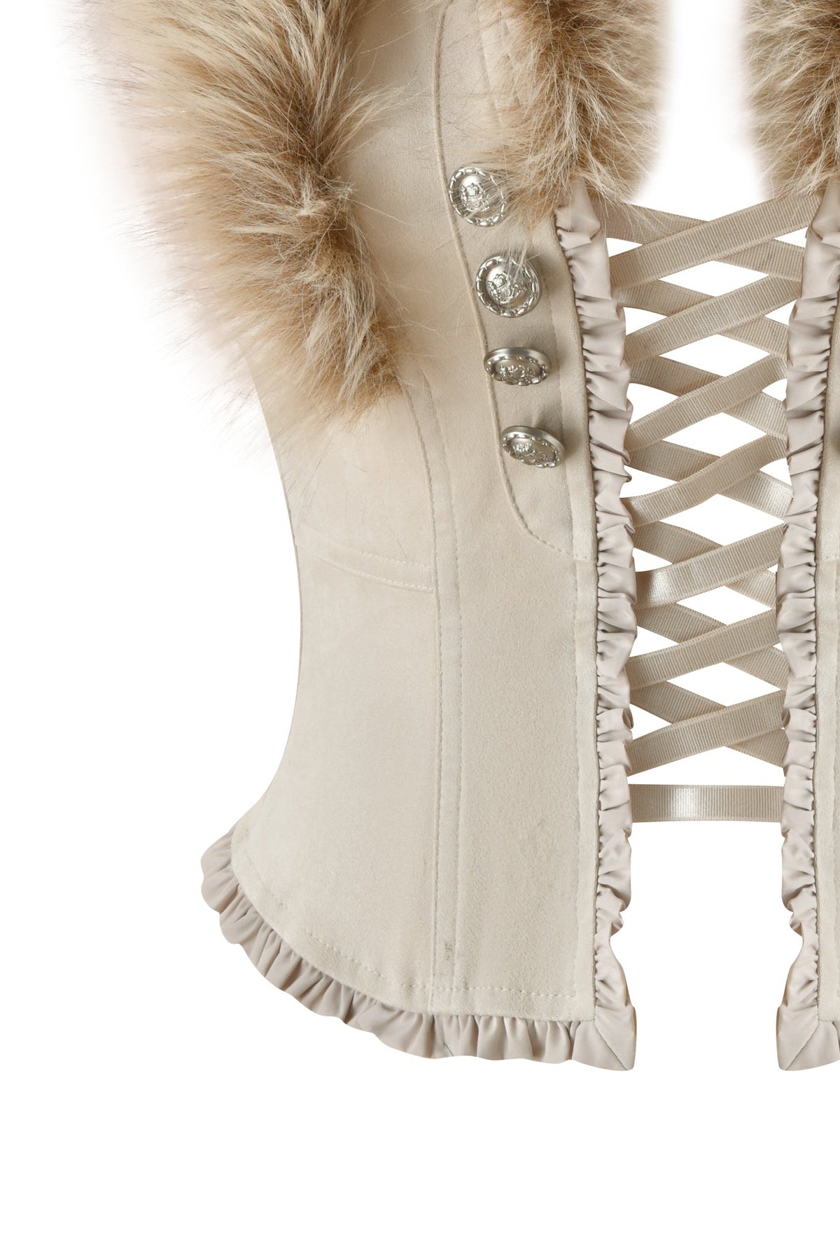 Close-up of the I.AM.GIA VEYGA TOP in cream, featuring a faux suede cropped design with an oversized faux fur collar, silver decorative buttons, crisscross lacing, and ruffled satin edging.