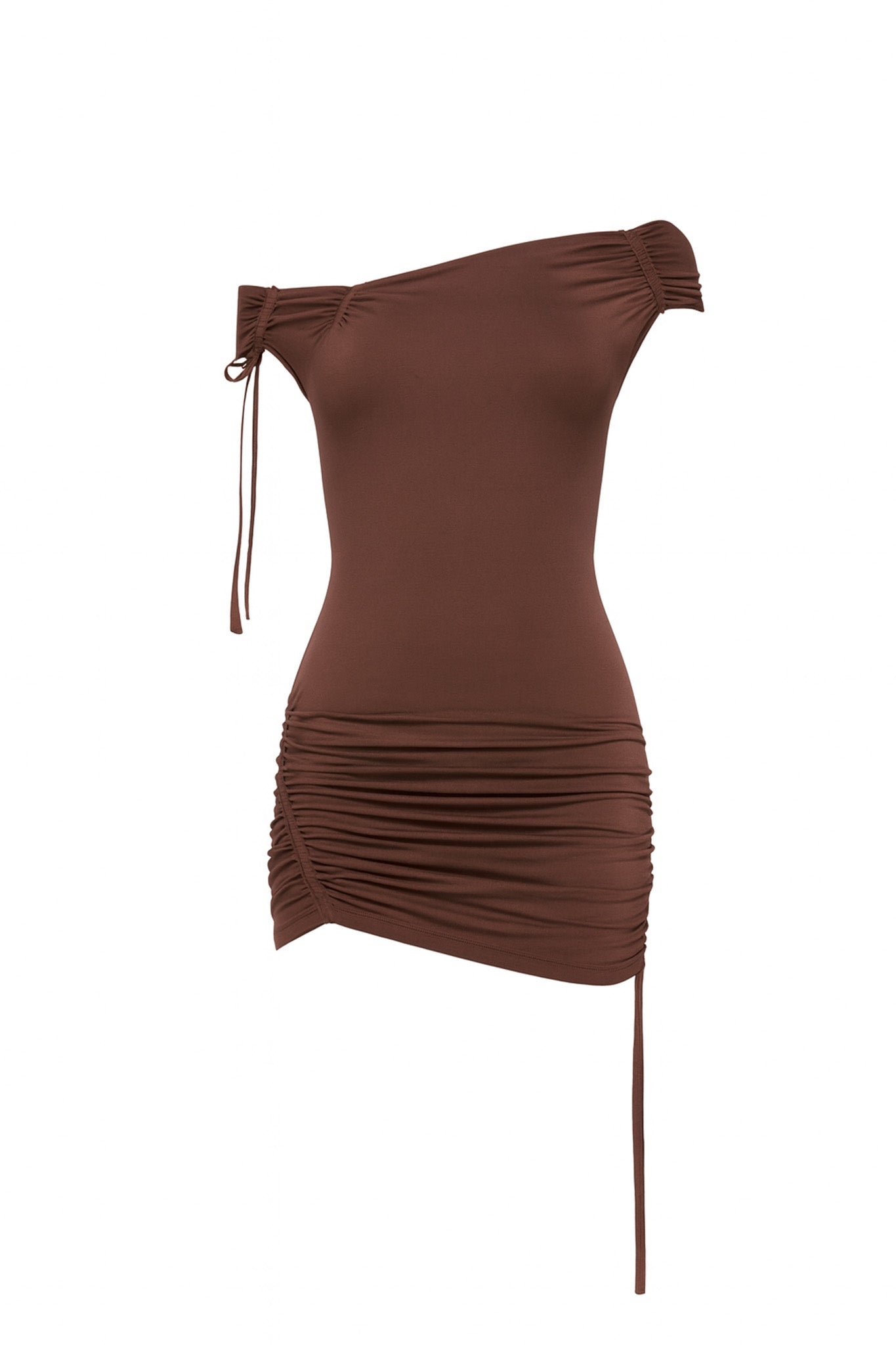 The ASHA MINI DRESS - MAHOGANY by I.AM.GIA is a mahogany brown, asymmetrical mini dress in soft jersey with side ruching, adjustable drawstrings at the shoulder and skirt, and an asymmetrical hem.