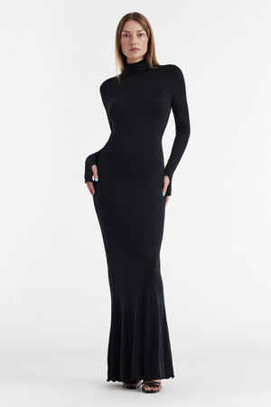 Audrey Turtleneck Long Sleeve Maxi Dress in Black
