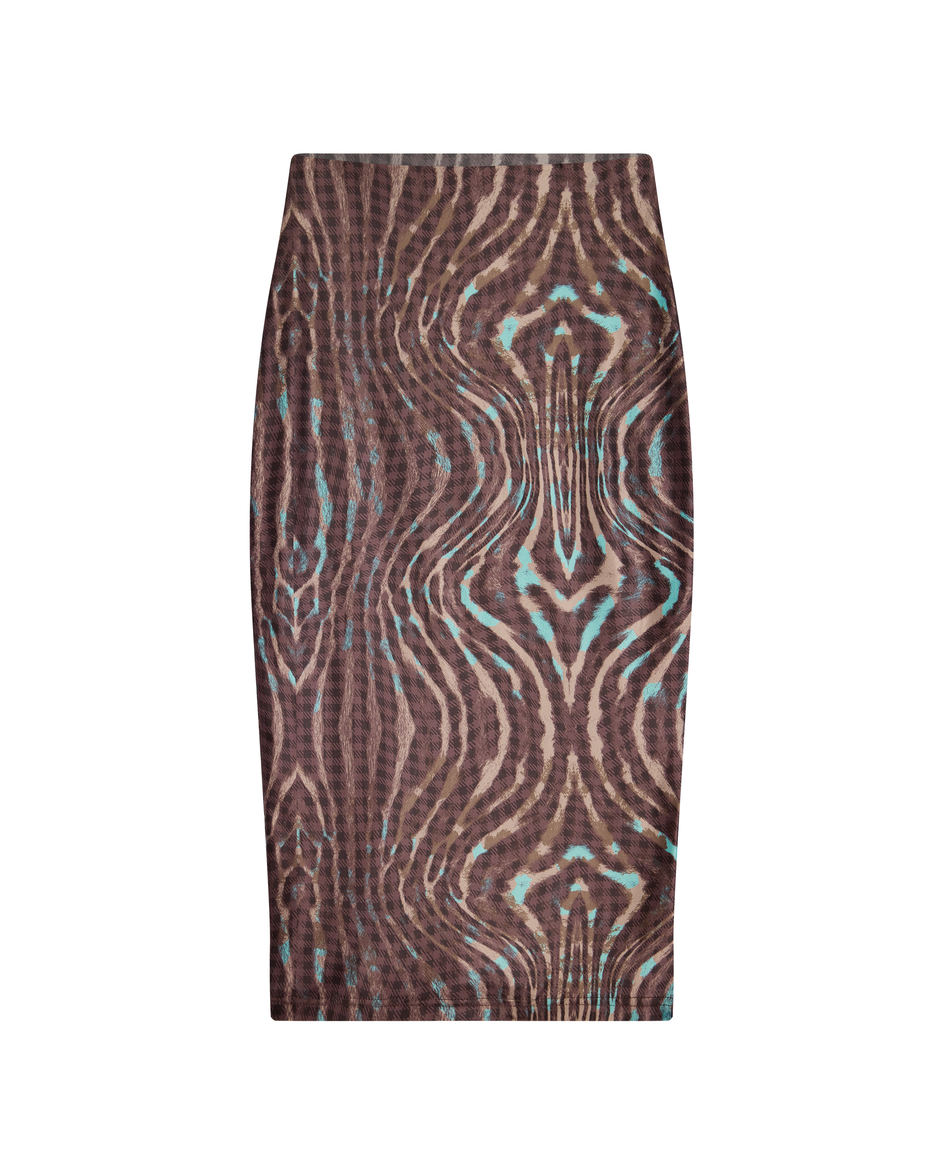 The GISELLE STRETCH MIDI TUBE SKIRT - WARPED CHECK by CDP is a fitted, high-waisted bodycon skirt with a brown and black warped check pattern accented by turquoise on white.