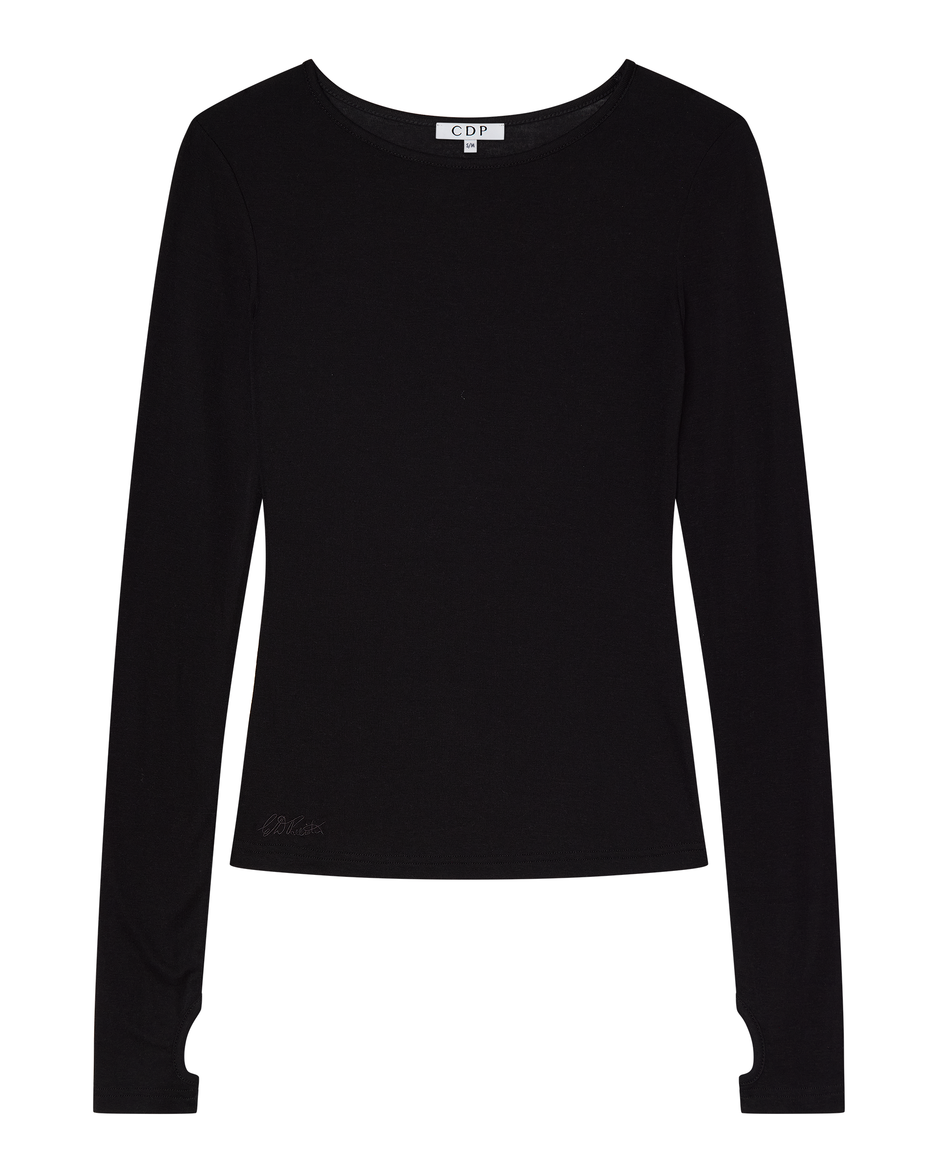 The CLAUDIA LONG SLEEVE BASIC TOP - BLACK by CDP features a fitted silhouette in a plain black lyocell wool blend, styled with a small “CDP” neck tag and shown laid flat against a white background.
