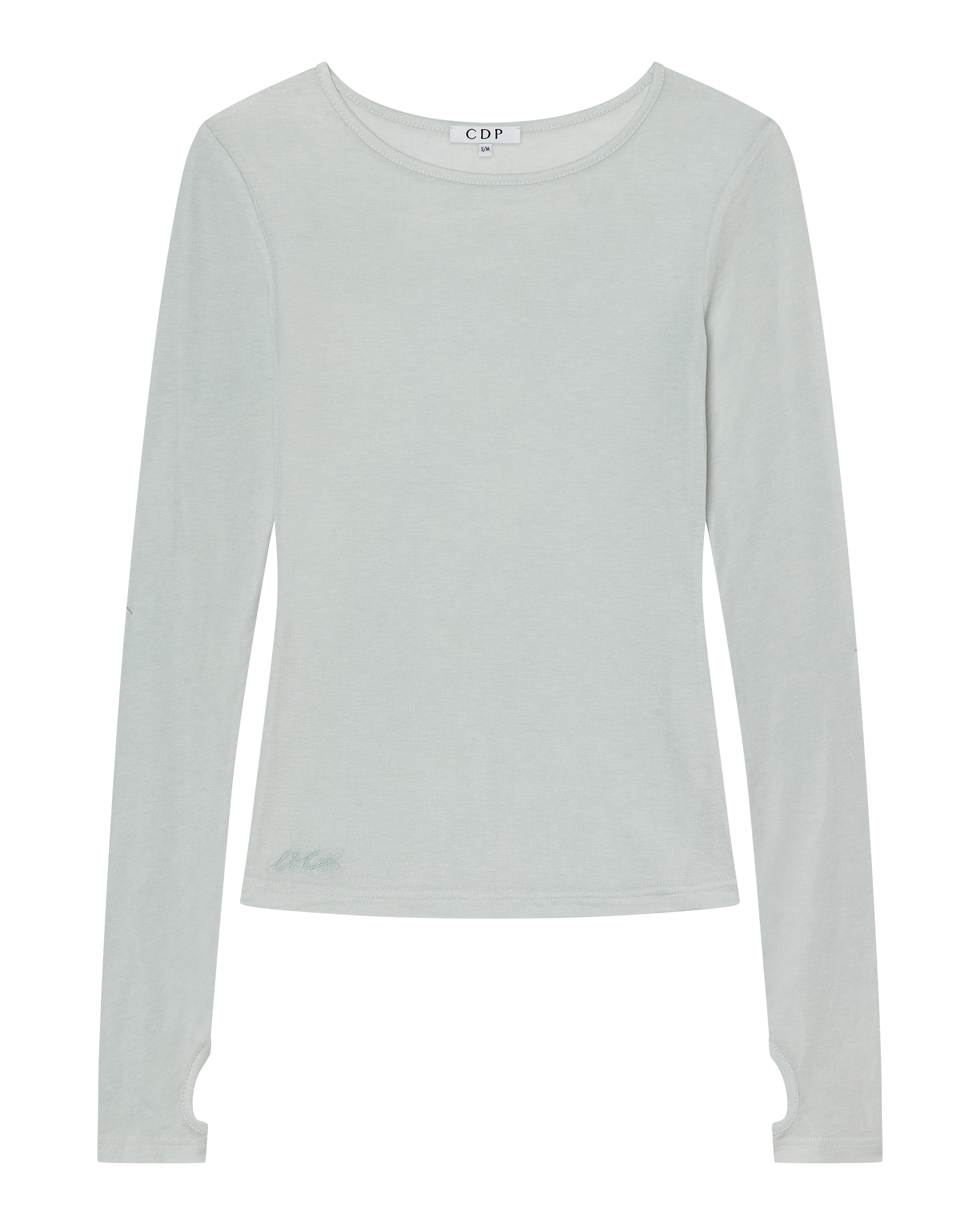 The CDP CLAUDIA LONG SLEEVE BASIC TOP in eggshell blue features a fitted silhouette, lyocell wool blend, thumb holes at the cuffs, and a discreet logo by the collar for a clean, minimalist look.