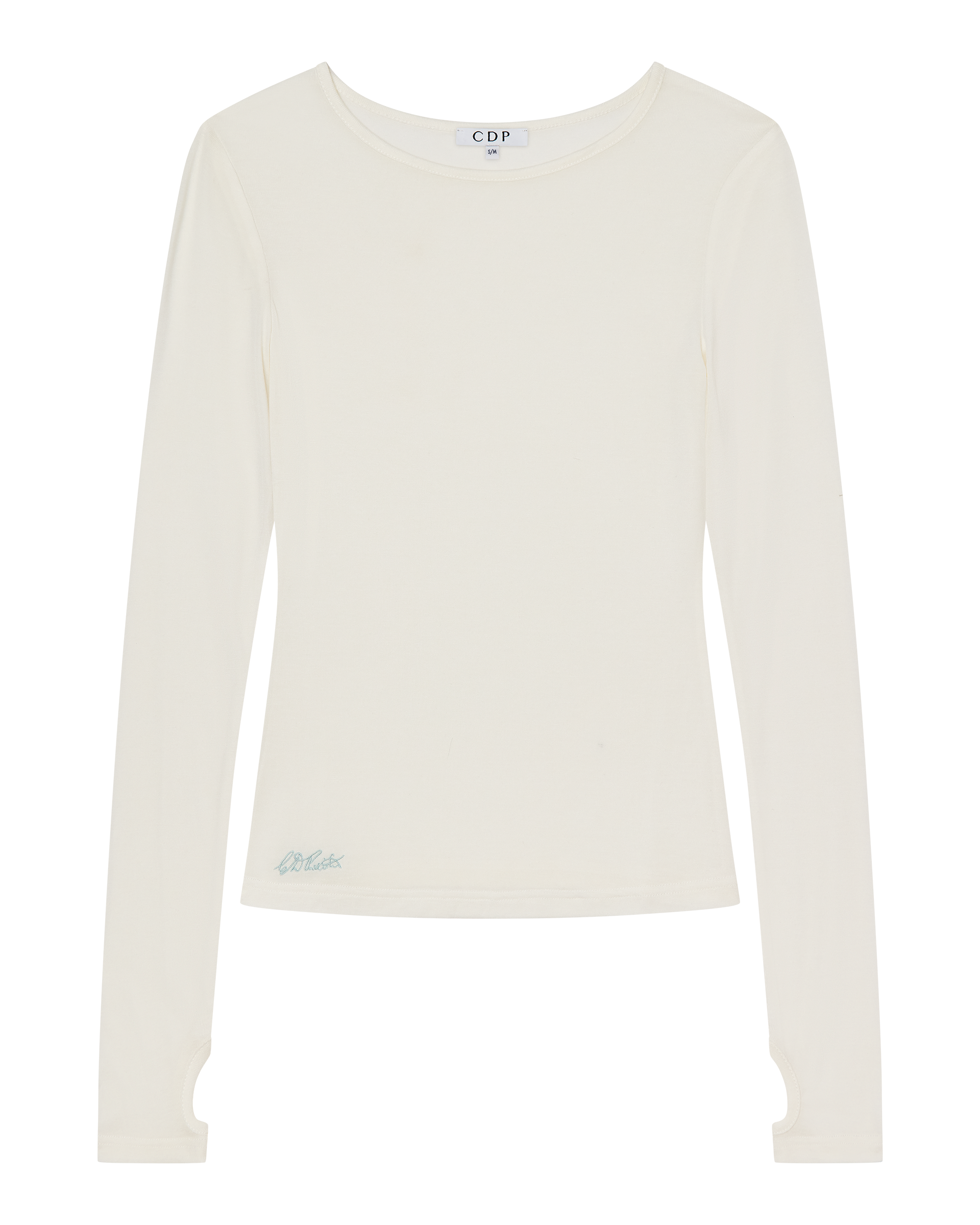 The CDP CLAUDIA LONG SLEEVE BASIC TOP - WHITE is a fitted crewneck with thumb holes, made from a soft lyocell-wool blend. It features an embroidered logo near the hem and a “CDP” brand label inside the collar.