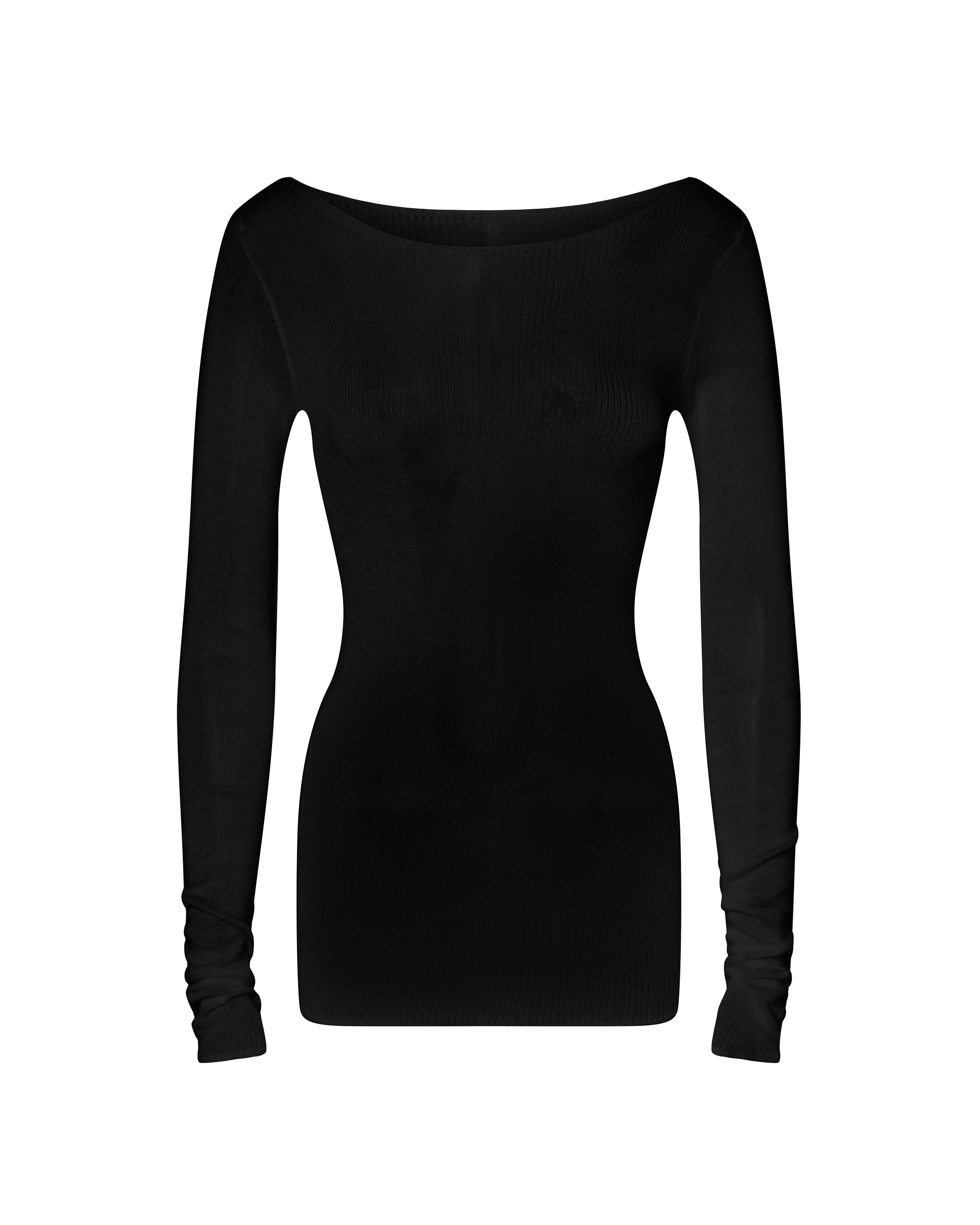 The CDP ANNA LONG SLEEVE BASIC KNIT TOP in black features a fitted silhouette, sheer viscose knit, long sleeves, and a wide boat neckline—ideal for layering. Shown on a plain white background.