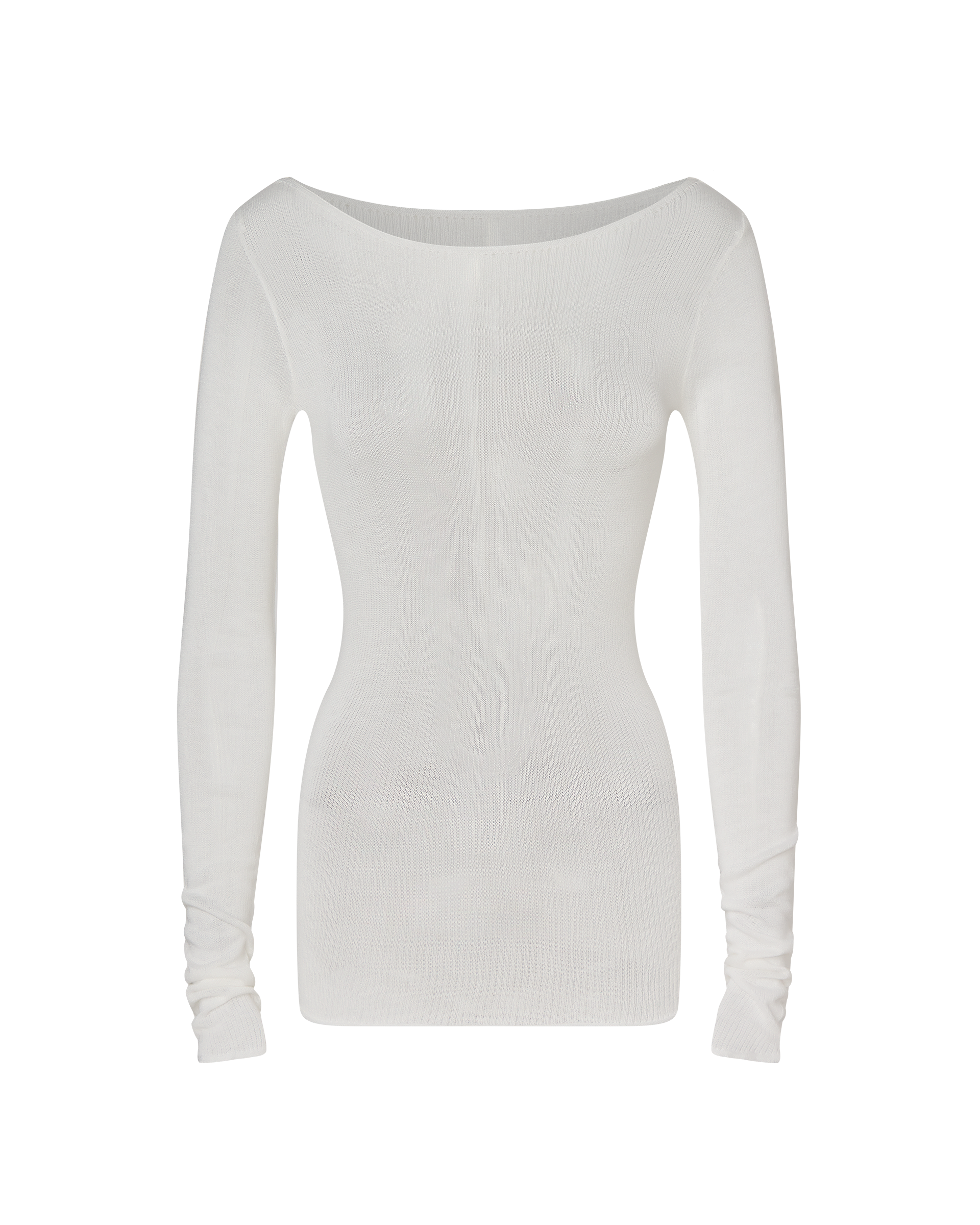 The CDP ANNA LONG SLEEVE BASIC KNIT TOP in white is crafted from ultra-soft viscose, featuring a wide neckline and fitted silhouette. Lightweight and slightly sheer, it's the perfect layering piece against a plain white background.