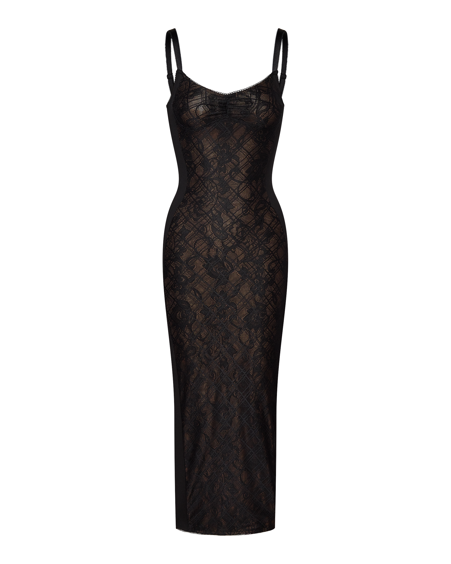The CDP MARGOT TWO PIECE FITTED LACE MIDI DRESS in black features thin straps, a bodycon fit, and a sheer lace overlay with a nude underlayer, shown against a plain white background.