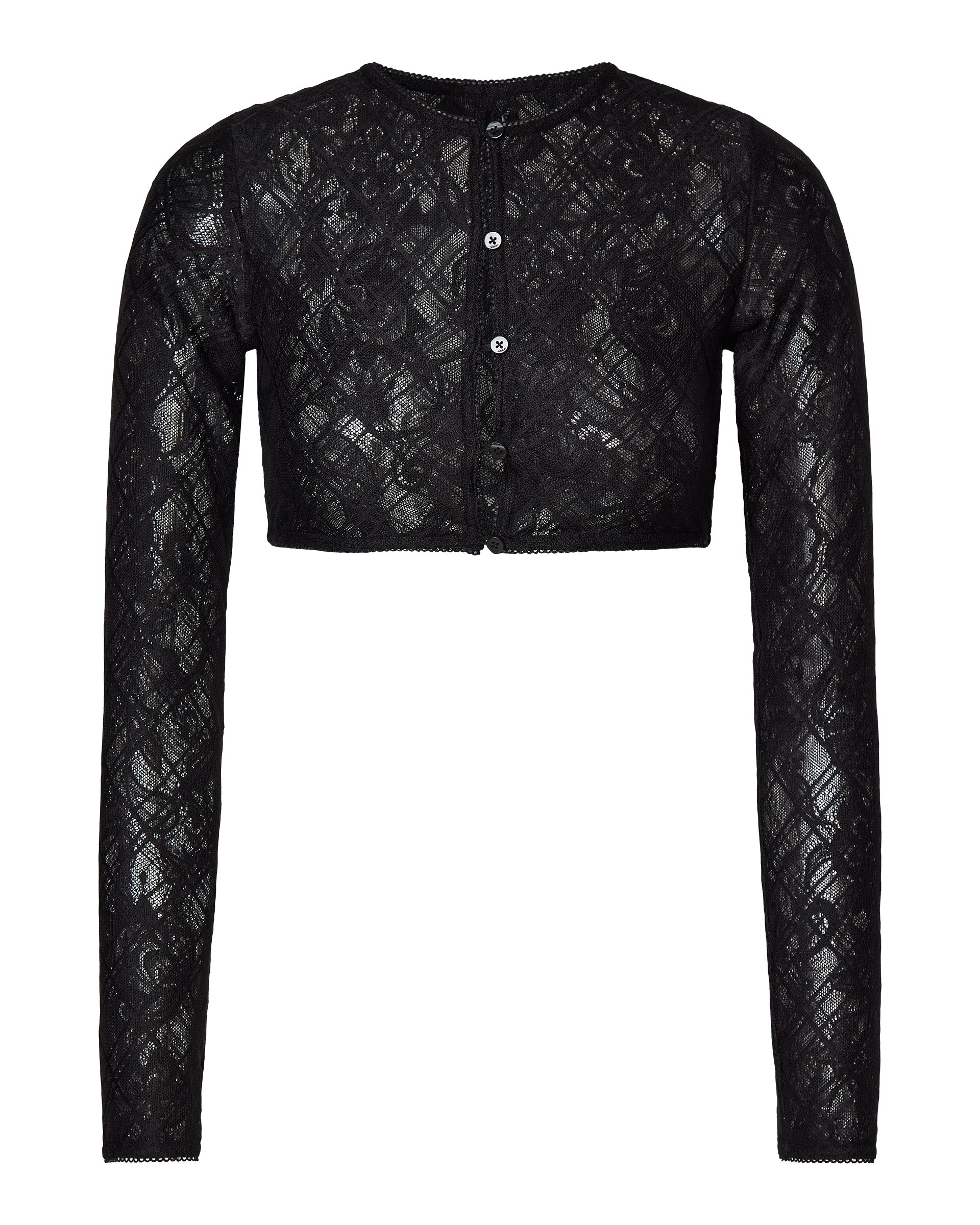 The MARGOT TWO PIECE FITTED LACE MIDI DRESS by CDP features a black sheer lace cropped cardigan with a round neckline and three buttons, ideal for layering. Floral and geometric lace patterns add delicate elegance to any look.