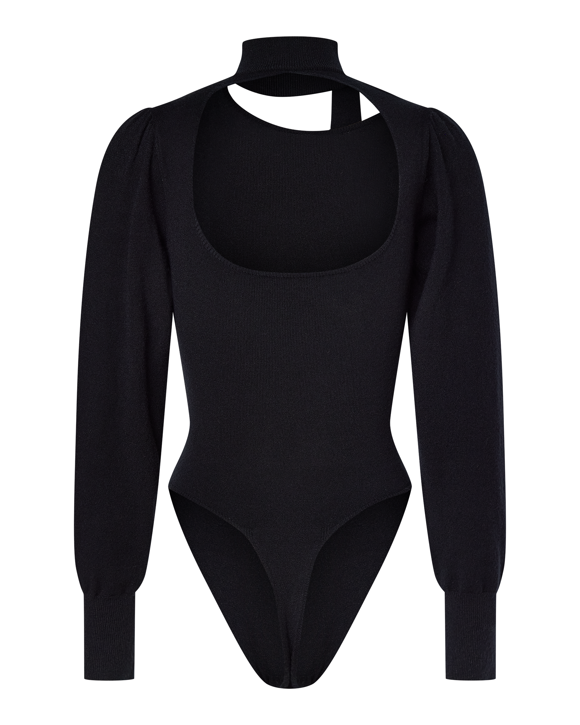 The VIVIENNE LONG SLEEVE KNIT BODYSUIT by CDP features a black hue, scoop neckline, puffed shoulders, fitted cuffs, high neck strap detail, and a seamless thong back for a sleek fit.