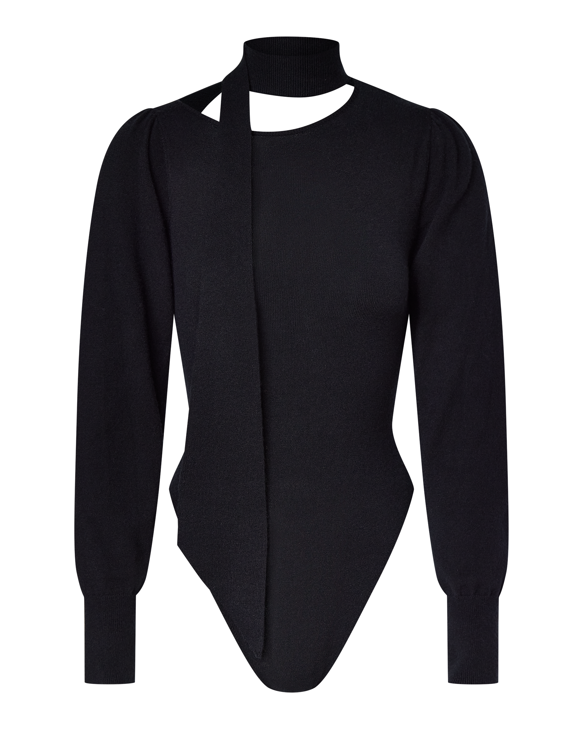 The CDP VIVIENNE LONG SLEEVE KNIT BODYSUIT in black features puffed shoulders, extended cuffs, an asymmetric neckline with a choker and long fabric strip detail, plus a seamless thong back for a sleek look.