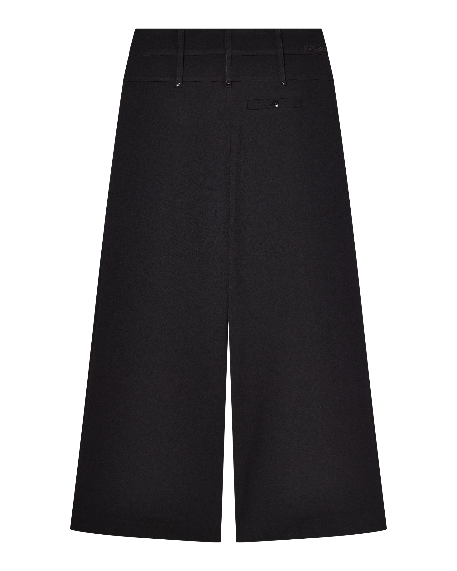 The CHARLOTTE WIDE LEG PLEAT PANT by CDP is shown from the back in black, featuring belt loops, a single buttoned back pocket, and a low-rise oversized fit with a clean, minimal design against a white background.
