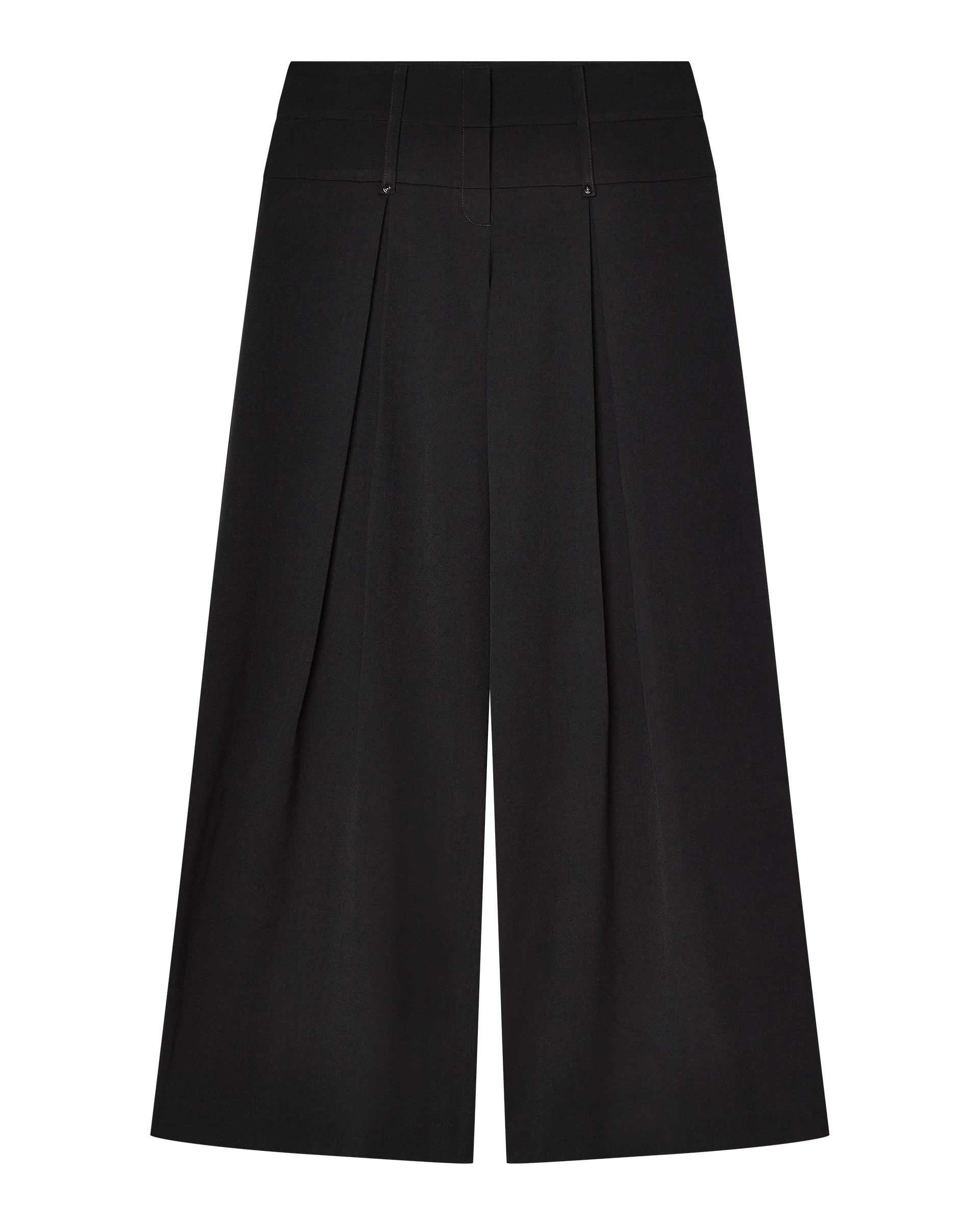 The CHARLOTTE WIDE LEG PLEAT PANT by CDP features a high waist, front pleats, and a cropped wide-leg silhouette in black, shown flat on a white background.