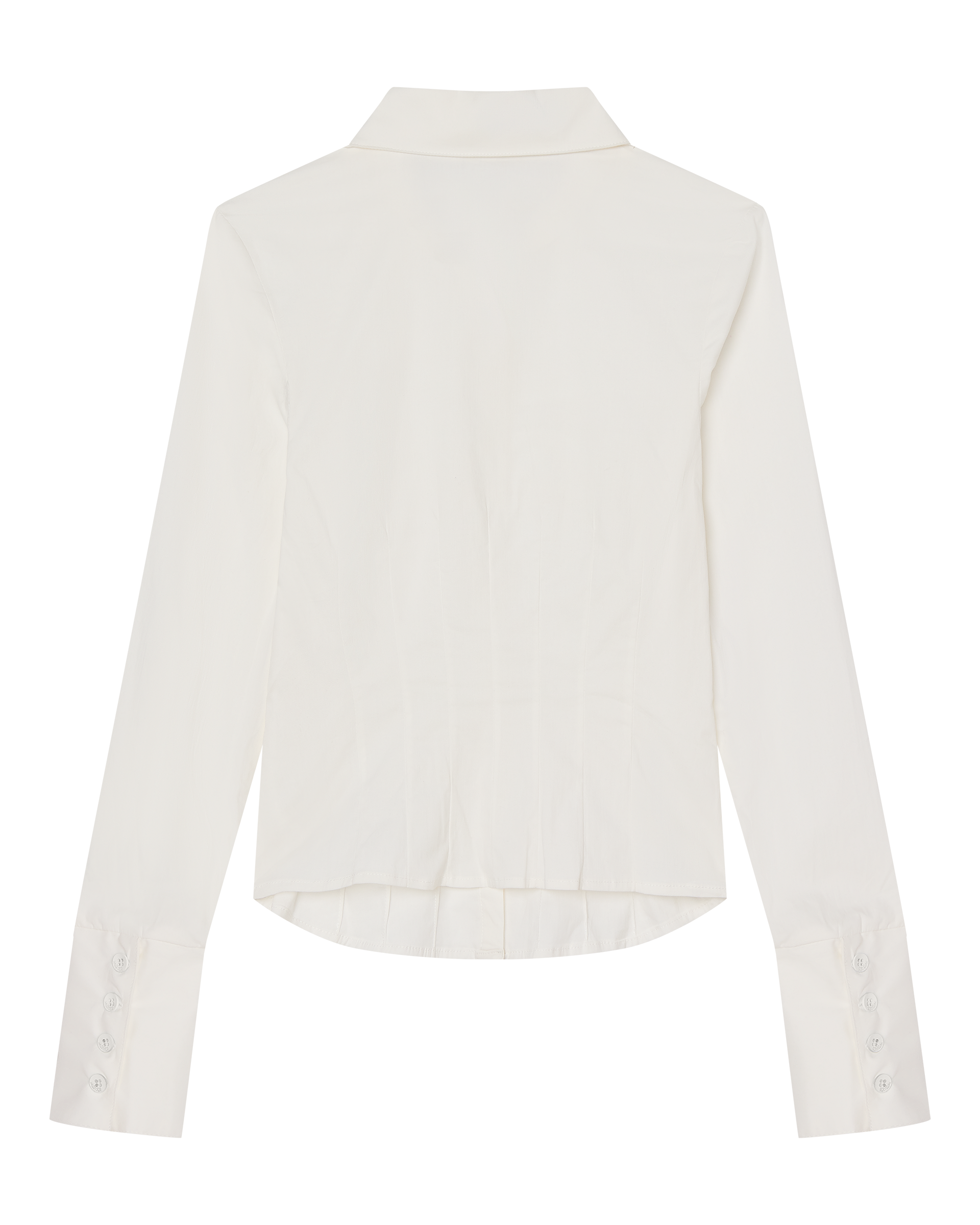 The ZOE LONG SLEEVE COTTON BUTTON UP SHIRT by CDP is a women's white shirt, shown from the back, with a classic collar, buttoned cuffs, and a slightly curved hem.
