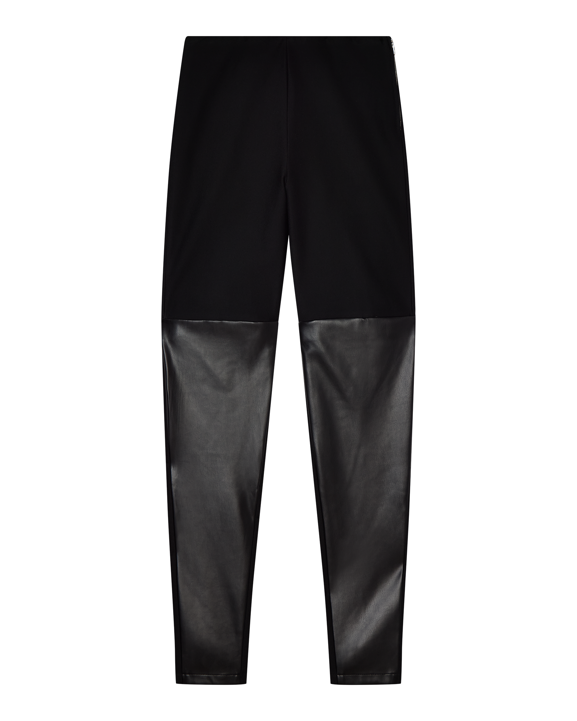 The AIMEE HIGH WAISTED SLIM FIT PANT by CDP features black stretch cotton-blend ponte on the upper half and faux leather panels on the lower half, shown laid flat with straight legs against a white background.