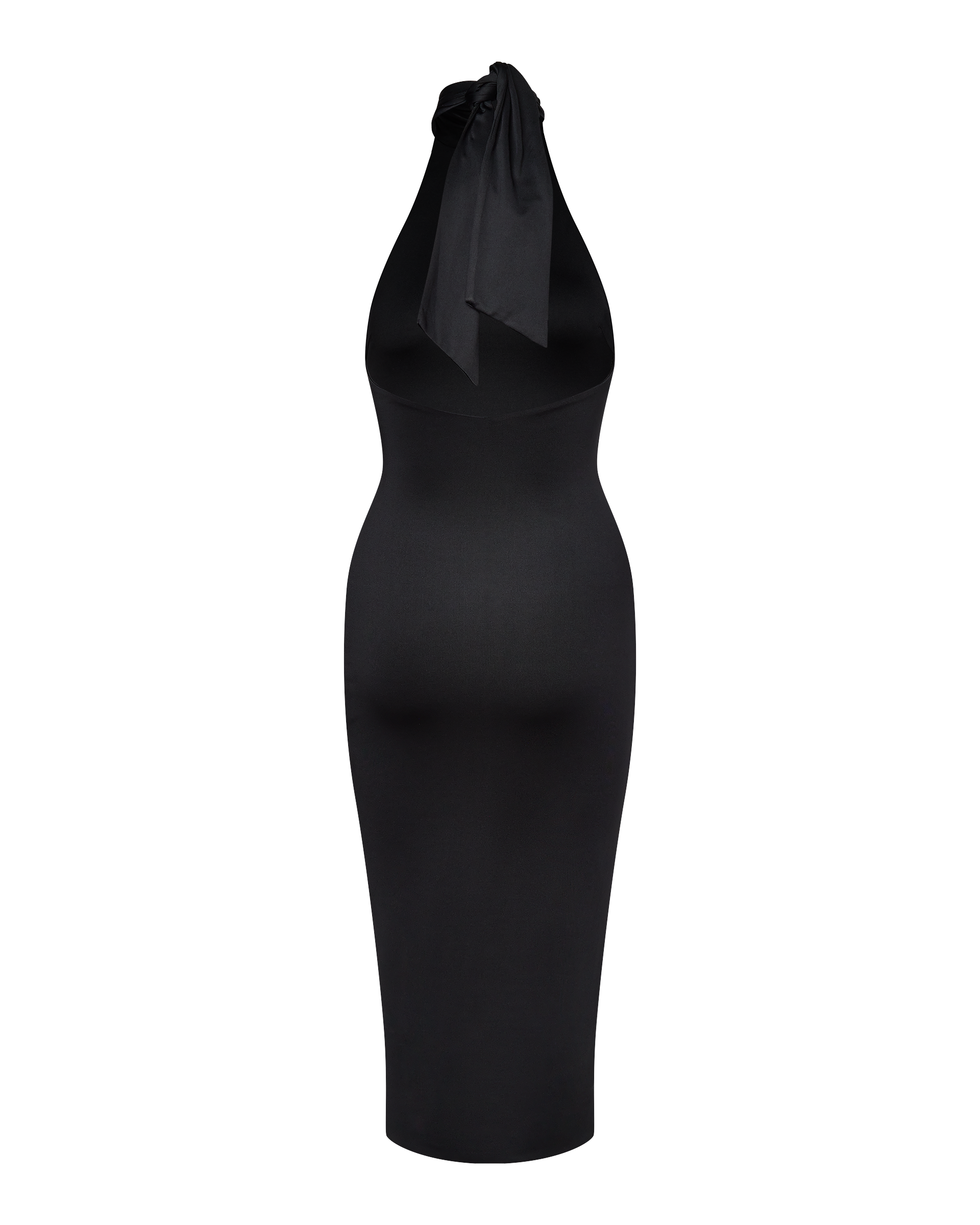 The CLEO HALTER TIE MIDI DRESS - BLACK by CDP is a sleeveless, form-fitting midi dress with a halter turtleneck and scarf-like tie detail at the neck, shown on a plain white background.
