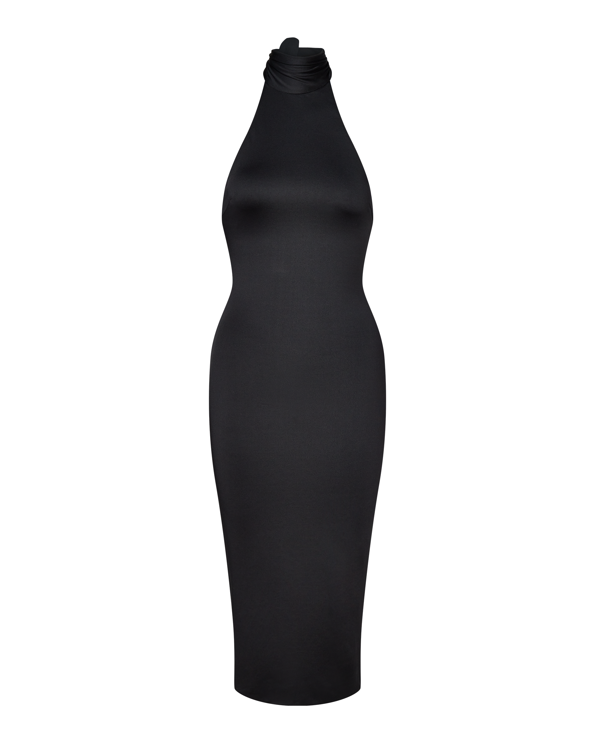 The CDP CLEO HALTER TIE MIDI DRESS - BLACK is a sleeveless, form-fitting midi dress with a high neckline and minimalist design, shown on a plain white background.