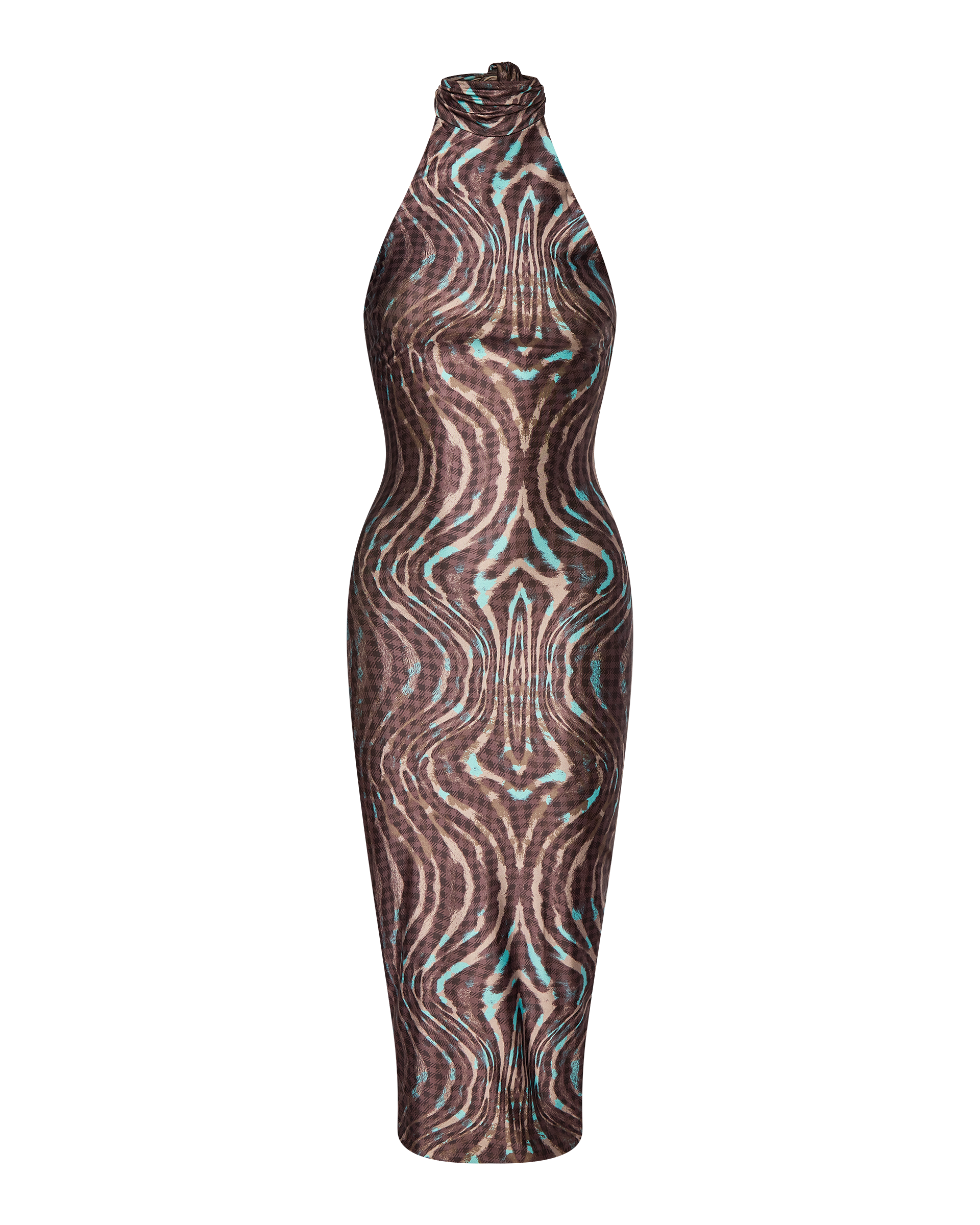 The CDP CLEO HALTER TIE MIDI DRESS - WARPED CHECK is a sleeveless, form-fitting midi dress with a high neckline and a bold brown, black, and turquoise abstract wavy pattern on white.