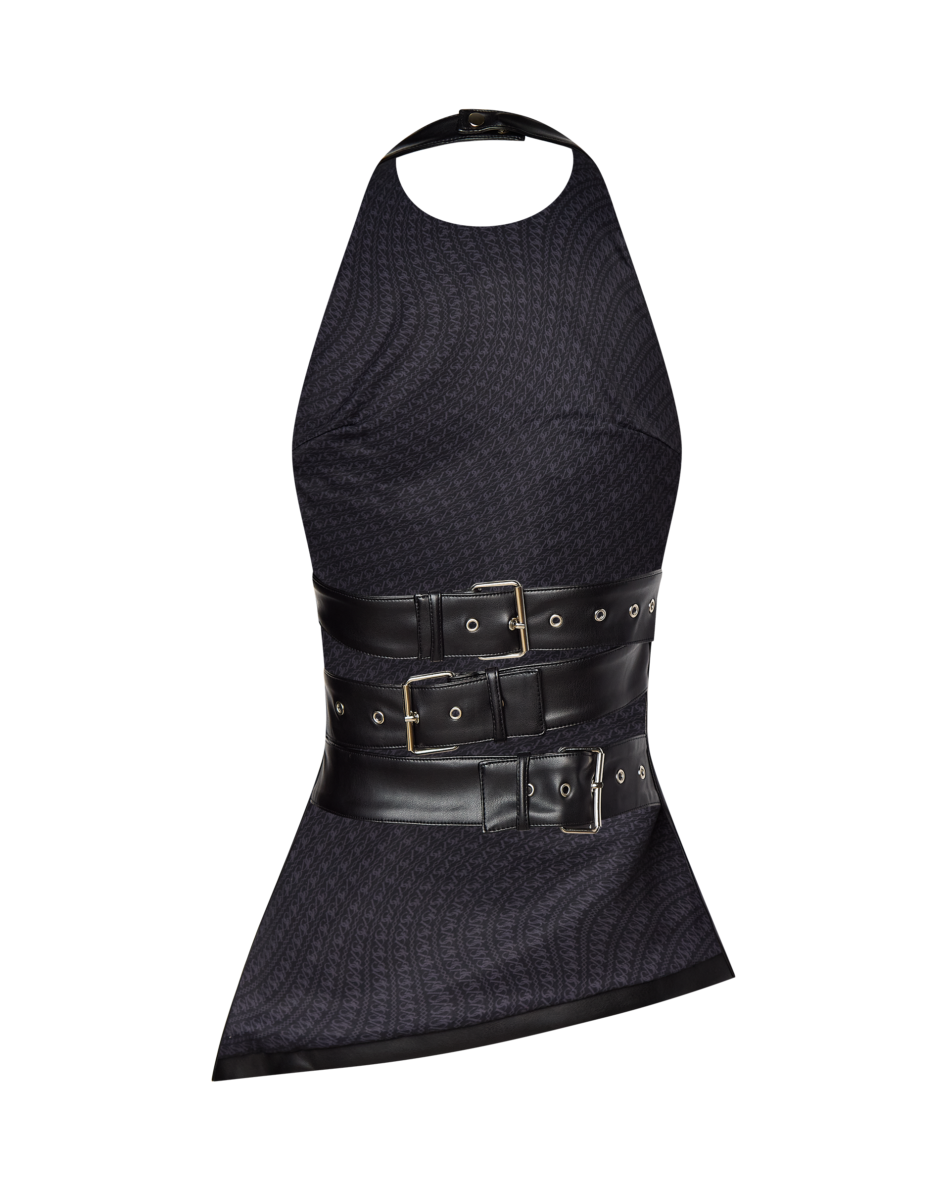 The INES ASYMMETRICAL FAUX LEATHER TOP by CDP is a black, sleeveless halter top with an asymmetrical hem, textured fabric, and two wide black faux leather belt straps with silver buckles at the waist.
