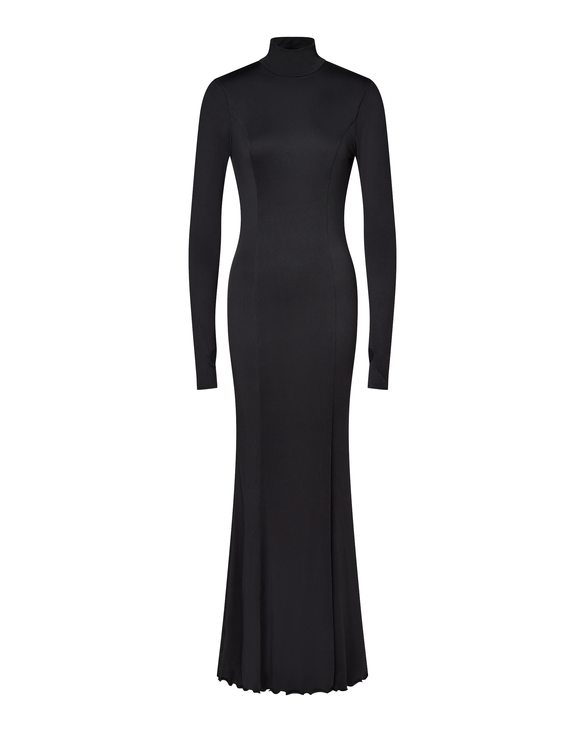 The CDP AUDREY TURTLENECK LONG SLEEVE MAXI DRESS in black features a fitted silhouette, high neckline, and mermaid hem. This striking floor-length dress stands out beautifully against a white background.