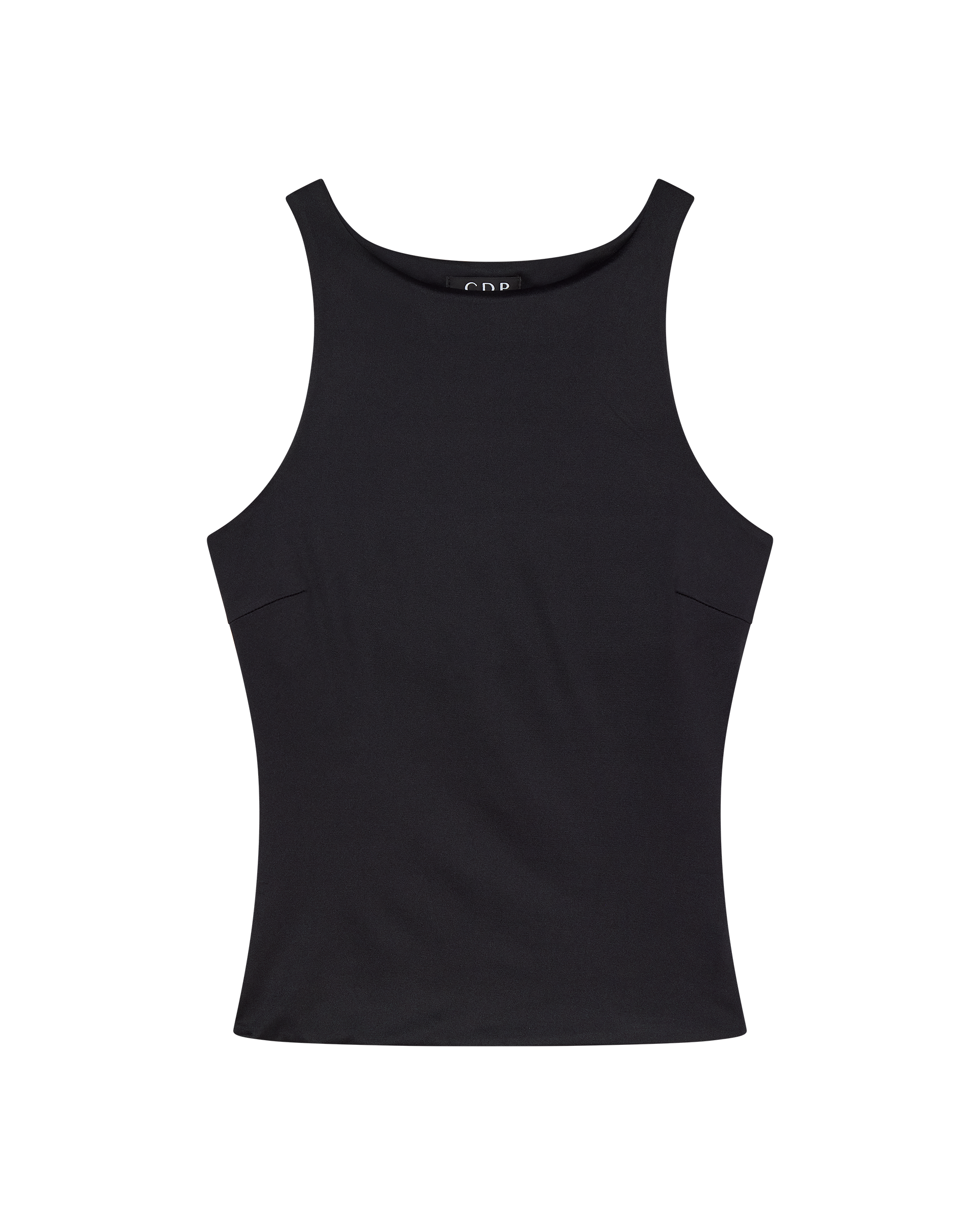 The CDP SOPHIE BASIC Sleeveless Tank with Shelf Bra in black is displayed flat on a white background, highlighting its high neckline and timeless style.