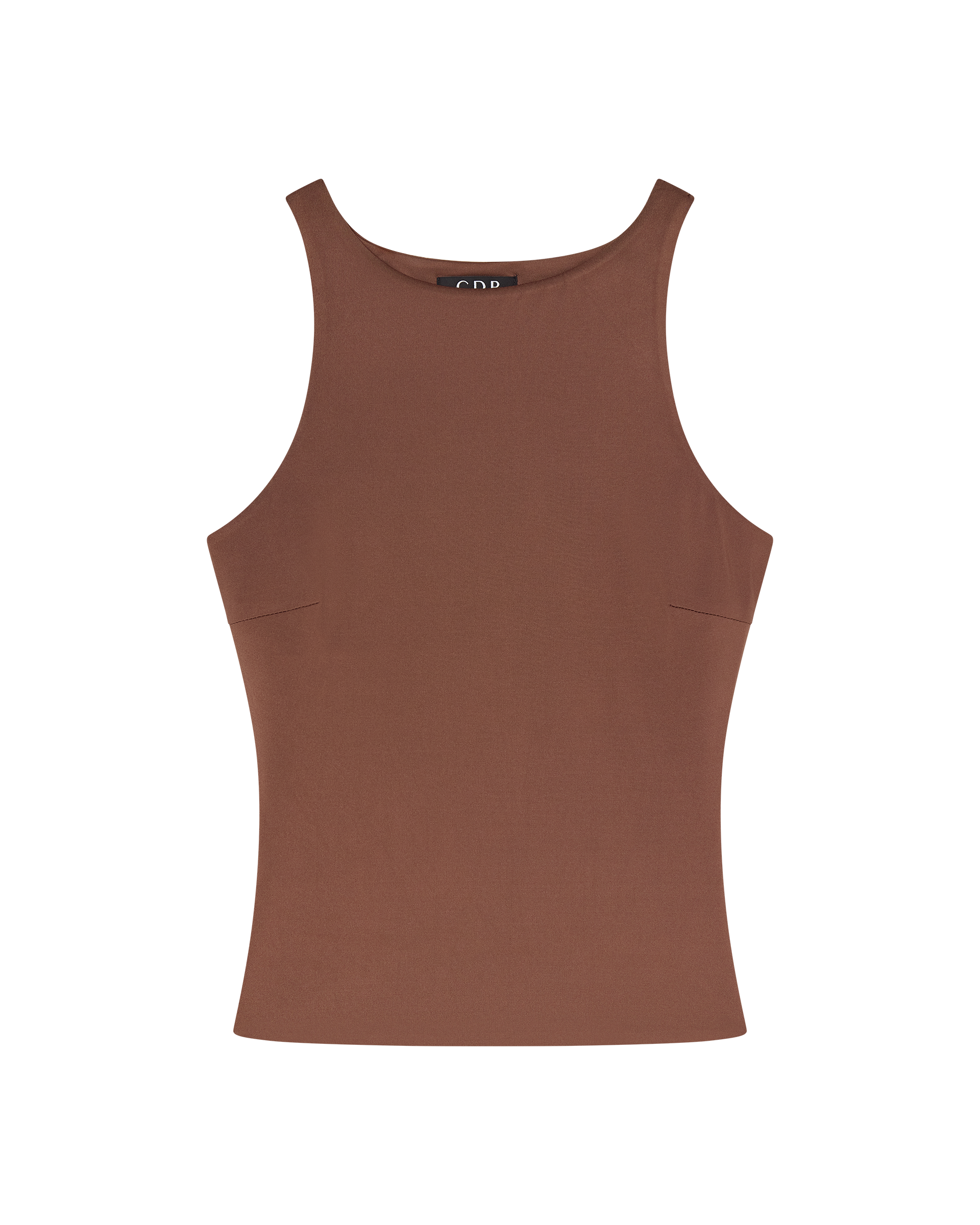The CDP SOPHIE BASIC SLEEVELESS TANK WITH SHELF BRA in Chocolate is a bodycon-fit, sleeveless top with a high, round neckline, shown against a plain white background.