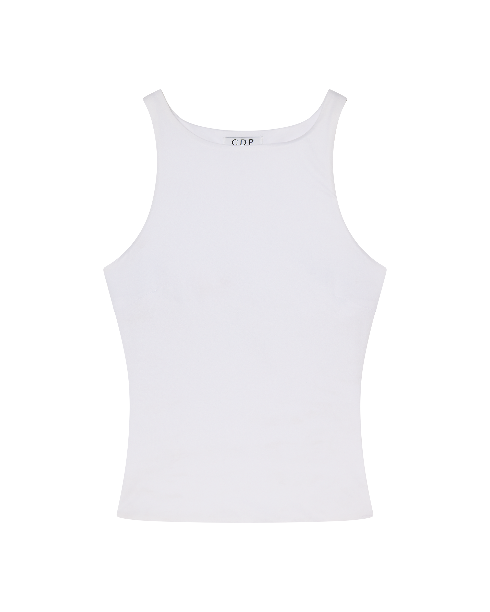 The SOPHIE BASIC SLEEVELESS TANK WITH SHELF BRA by CDP is a white, fitted tank top with a high neckline, racerback design, and "CDP" label on the inside collar, shown against a plain white background.