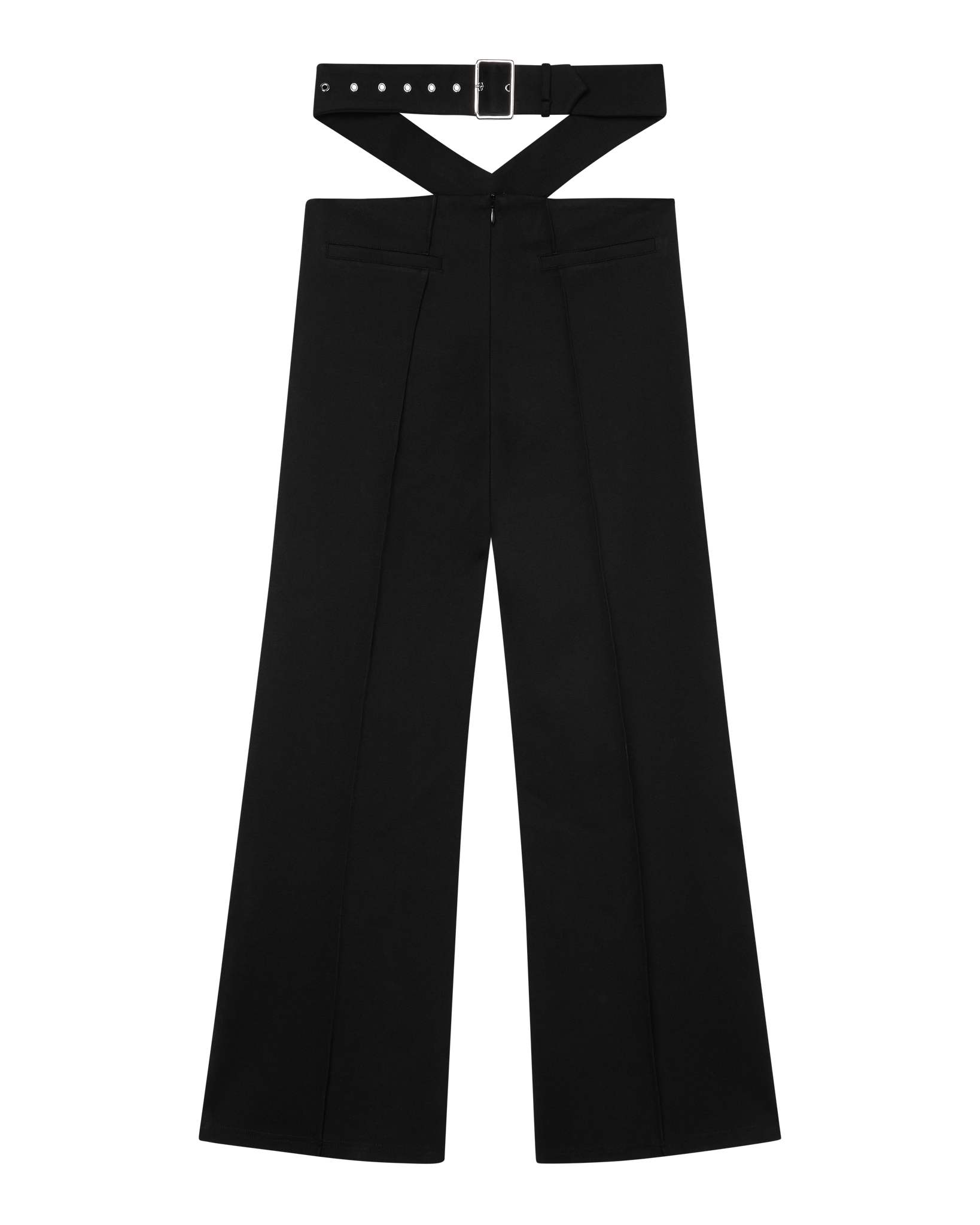 The JULIETTE WIDE LEG PANT by CDP features a black tailored wide-leg design with front pleats, slit pockets, and a matching belt crossed at the waistband, displayed flat on a white background.