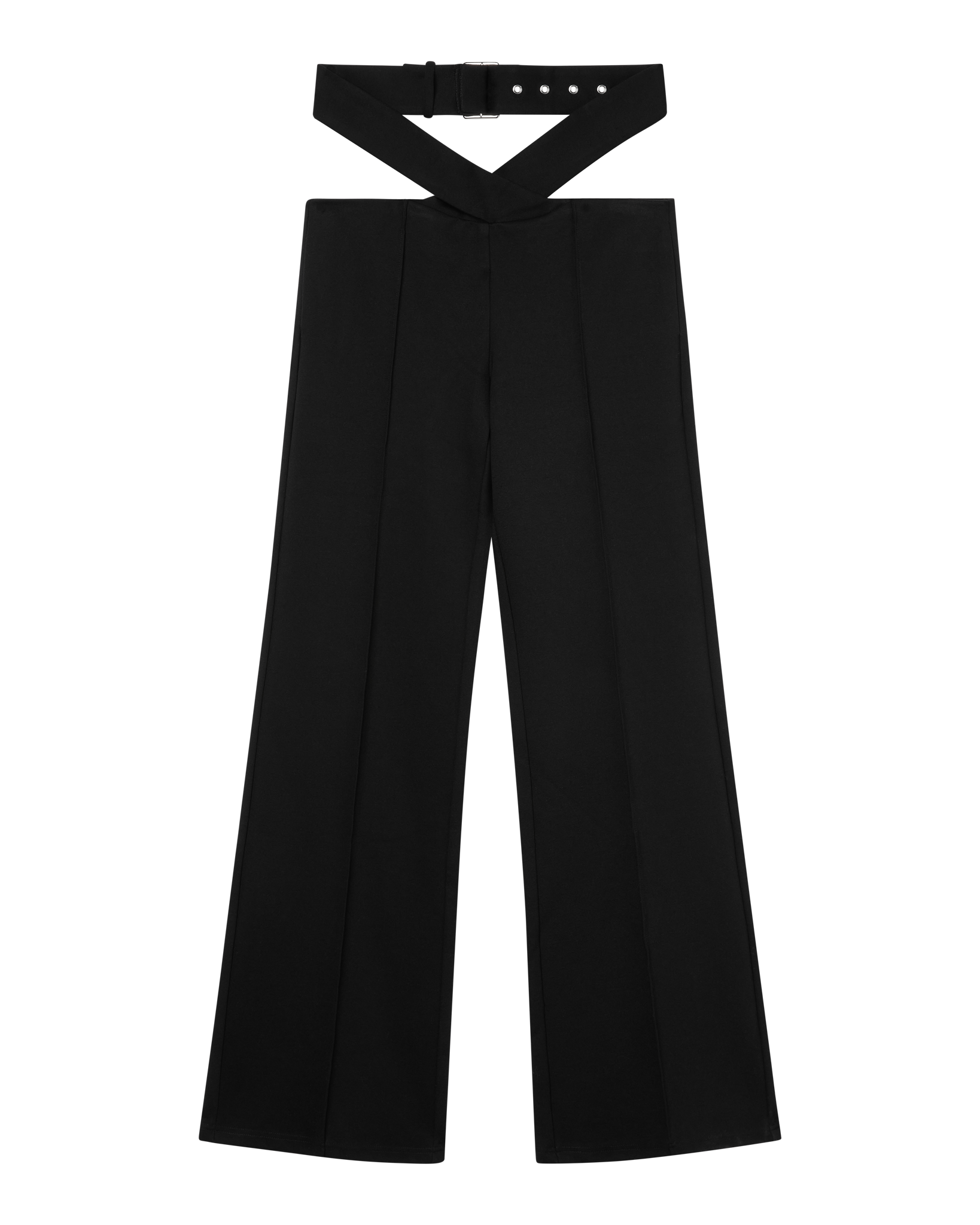 The CDP JULIETTE WIDE LEG PANT in black features a high-waisted, wide-leg silhouette, unique crisscross waistband, and a matching belt with multiple holes, shown laid flat on a white background.