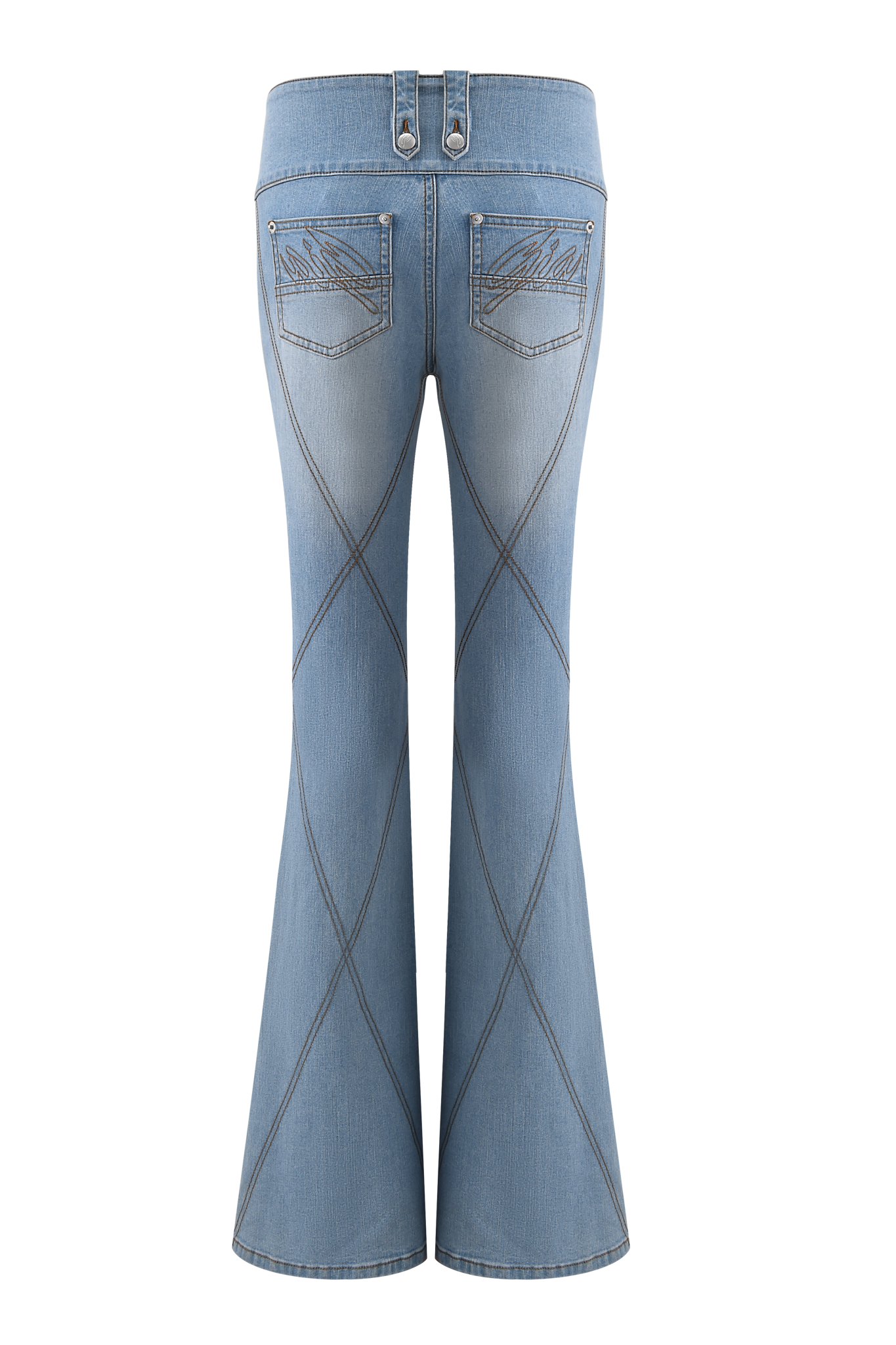 Back view of MALLORY JEAN - LIGHT BLUE DENIM by I.AM.GIA, featuring decorative diamond stitching, two back pockets with custom 'GIA' embroidery, and fabric slightly faded along the seams and thighs.