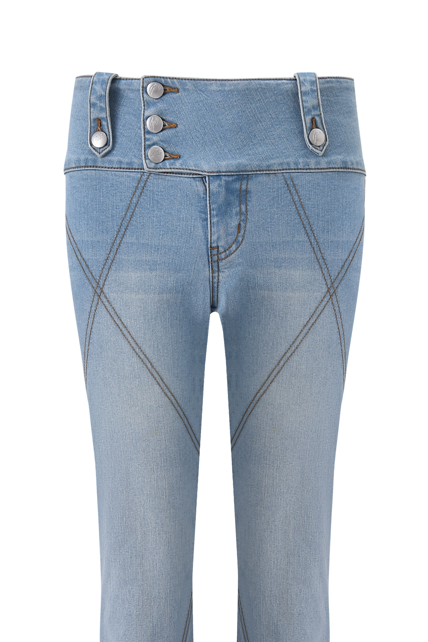 The MALLORY JEAN - LIGHT BLUE DENIM by I.AM.GIA features a light blue wash, high waist, wide waistband, three front buttons, prominent dark stitching, crisscross front seams, and custom 'GIA' embroidery for a unique look.