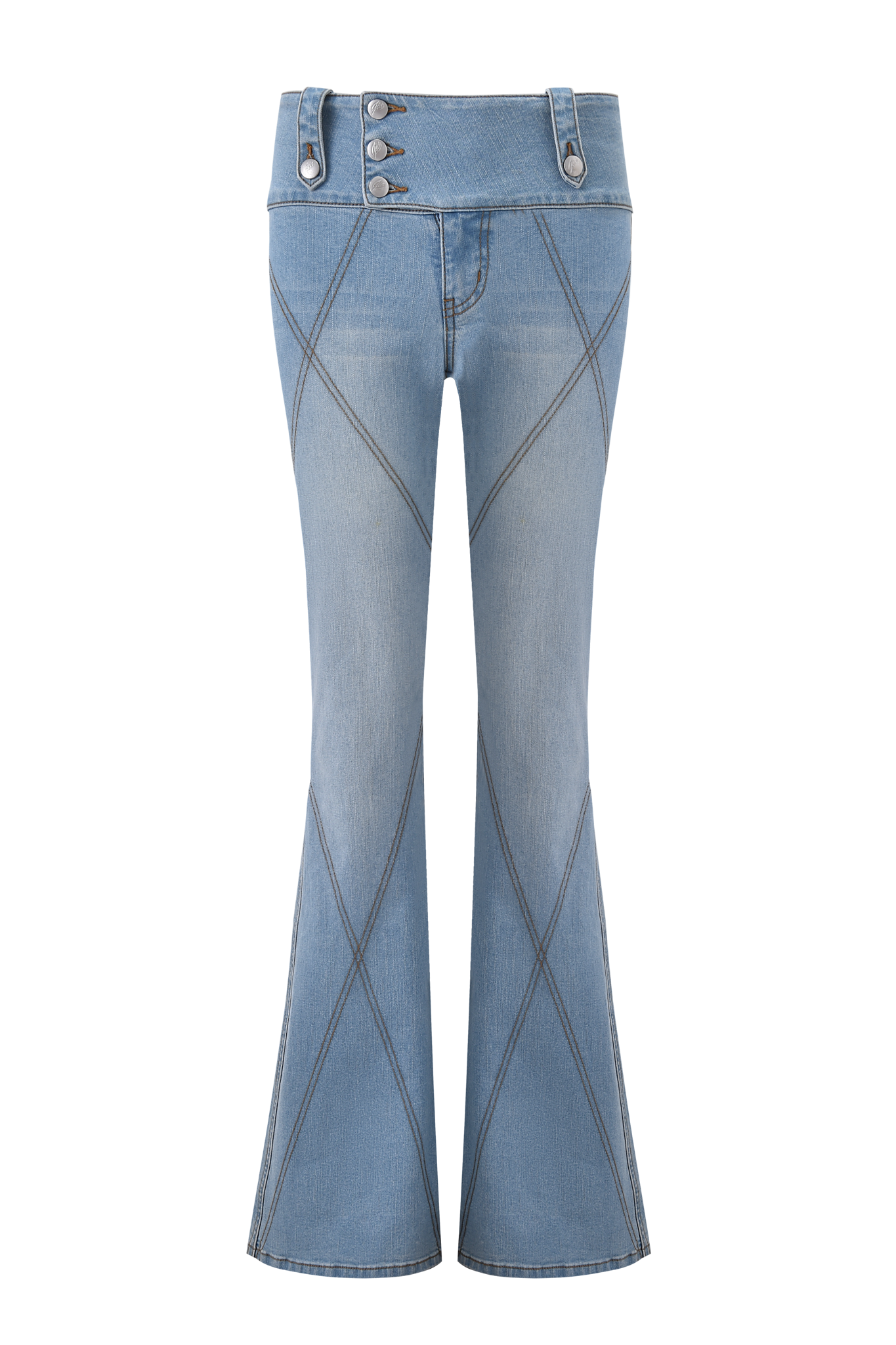 The MALLORY JEAN - LIGHT BLUE DENIM by I.AM.GIA features a high waist, flared legs, dark crisscross stitching, custom 'GIA' embroidery, and three decorative buttons on the waistband.
