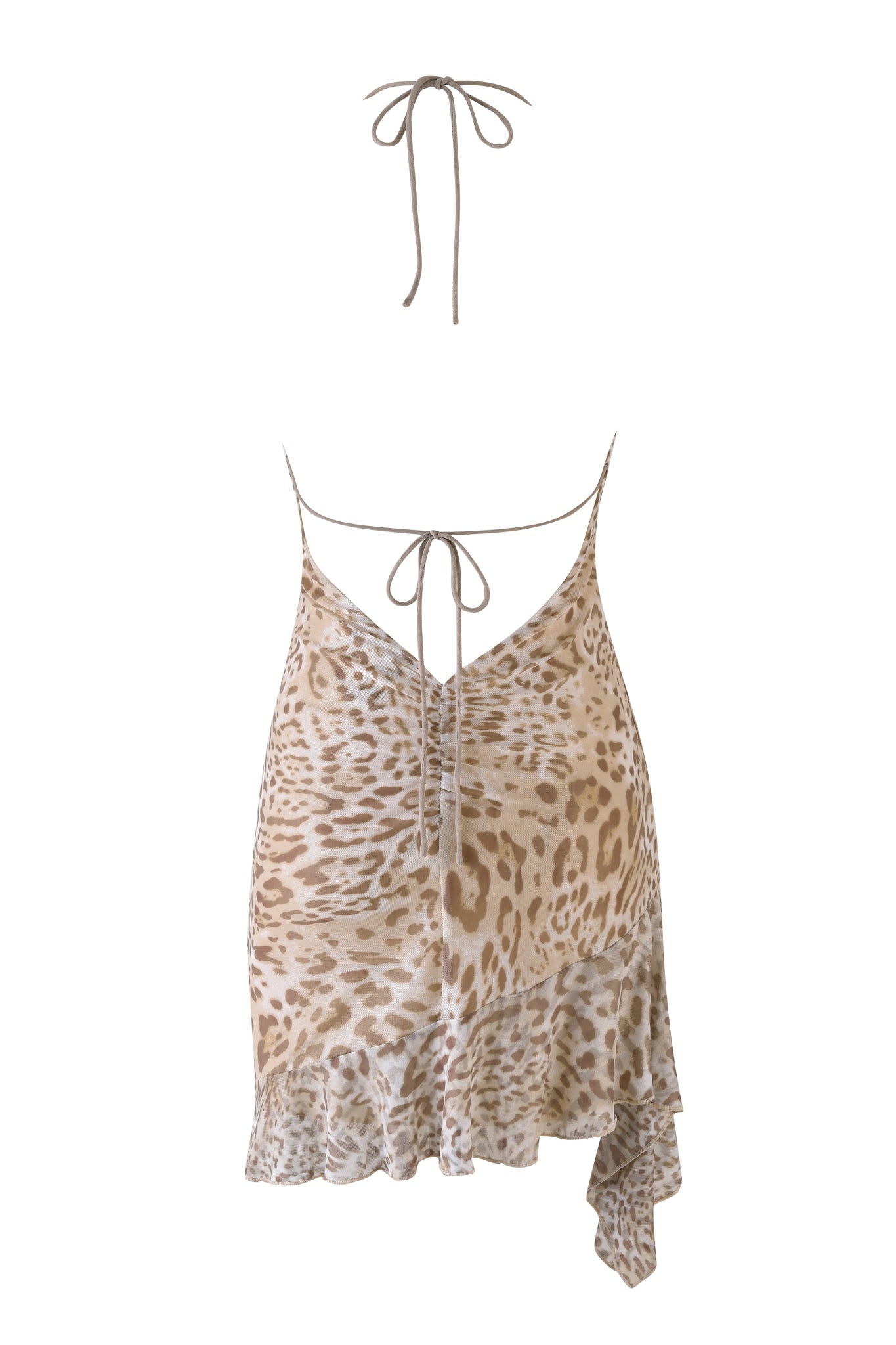 Meet the I.AM.GIA Vira Mini Dress in neutral animal jaguar: This sleeveless dress features spaghetti straps, a V-neckline, and an asymmetrical hem with ruffled edges. Ties at the back enhance the soft beige and brown pattern for a flowing silhouette.