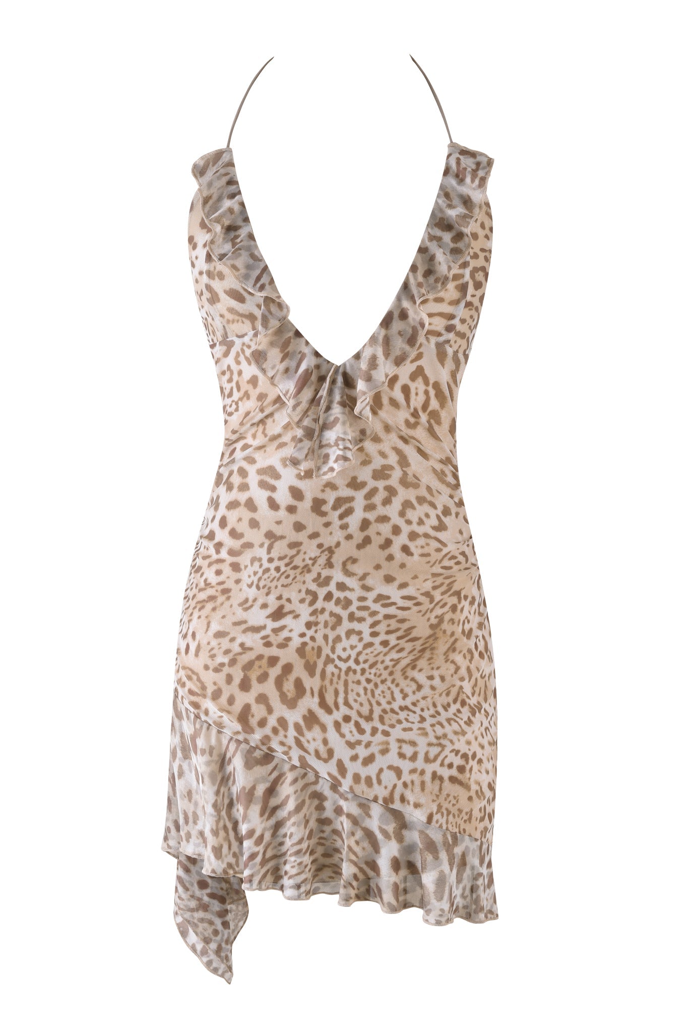 Introducing the VIRA MINI DRESS by I.AM.GIA: a jaguar-patterned mesh dress with a deep V-neckline, halter strap, and chic bodycon silhouette. It features ruffled neckline details and an asymmetrical hem in neutral tones, perfect for making a statement.