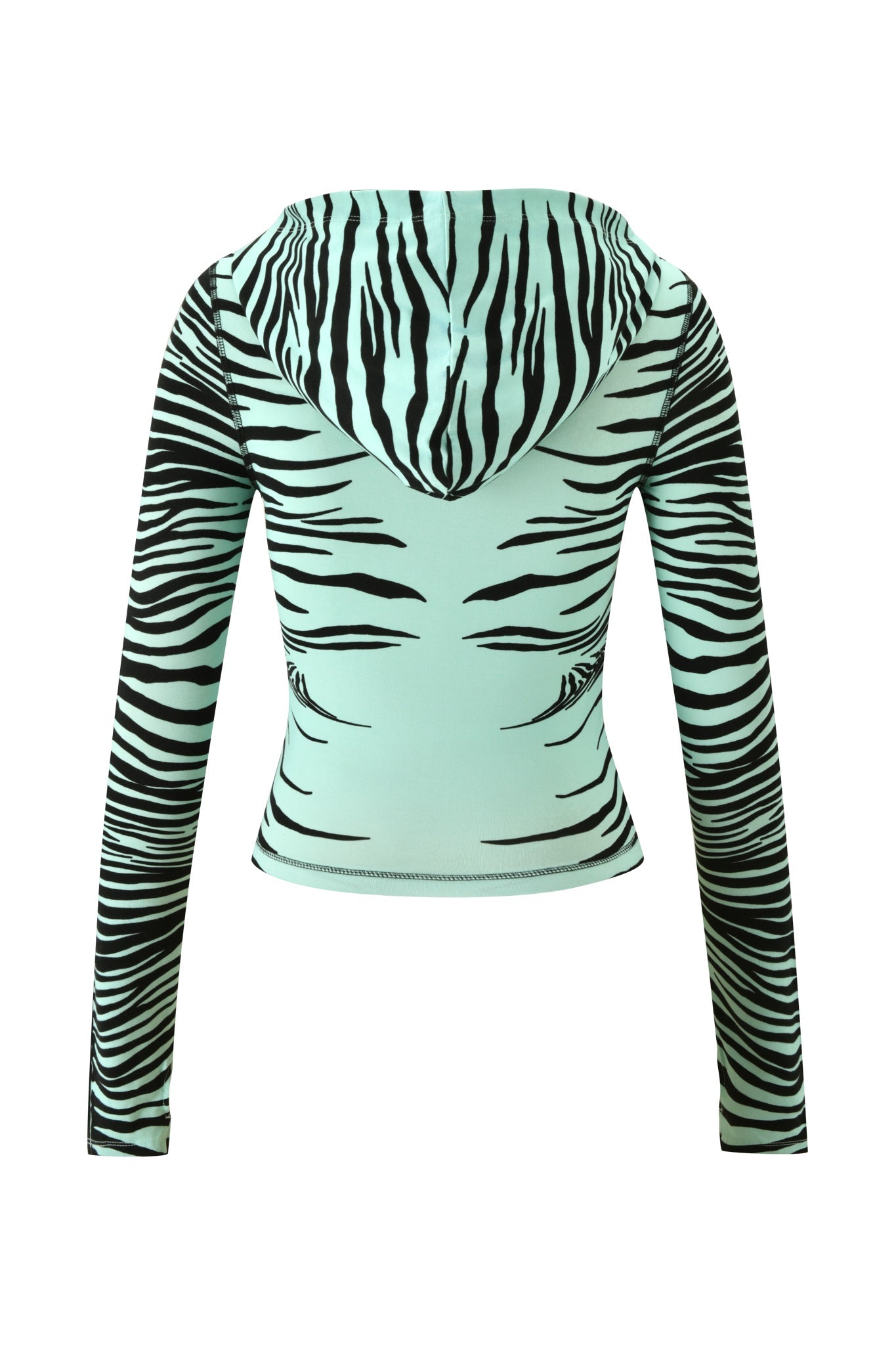 The I.AM.GIA BLARE HOODIE - AQUA FINE LINE ZEBRA features a mint green, long-sleeve design with black zebra stripe pattern, shown from the back—a stylish piece inspired by the Aqua Fine Line Zebra motif.