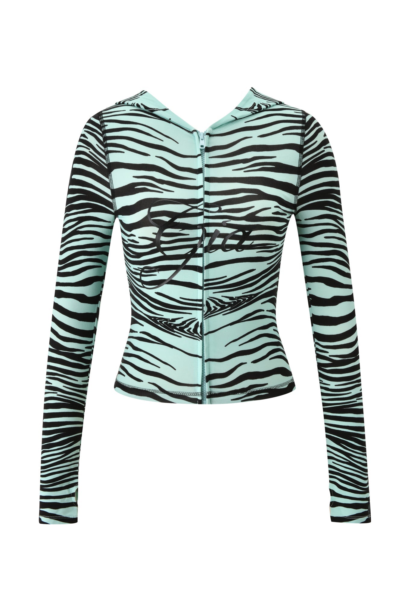 The BLARE HOODIE - AQUA FINE LINE ZEBRA by I.AM.GIA is a light blue, long-sleeve cropped jacket featuring bold black and white Fine Line Zebra stripes, a front zipper, and “fun” written in cursive across the chest.