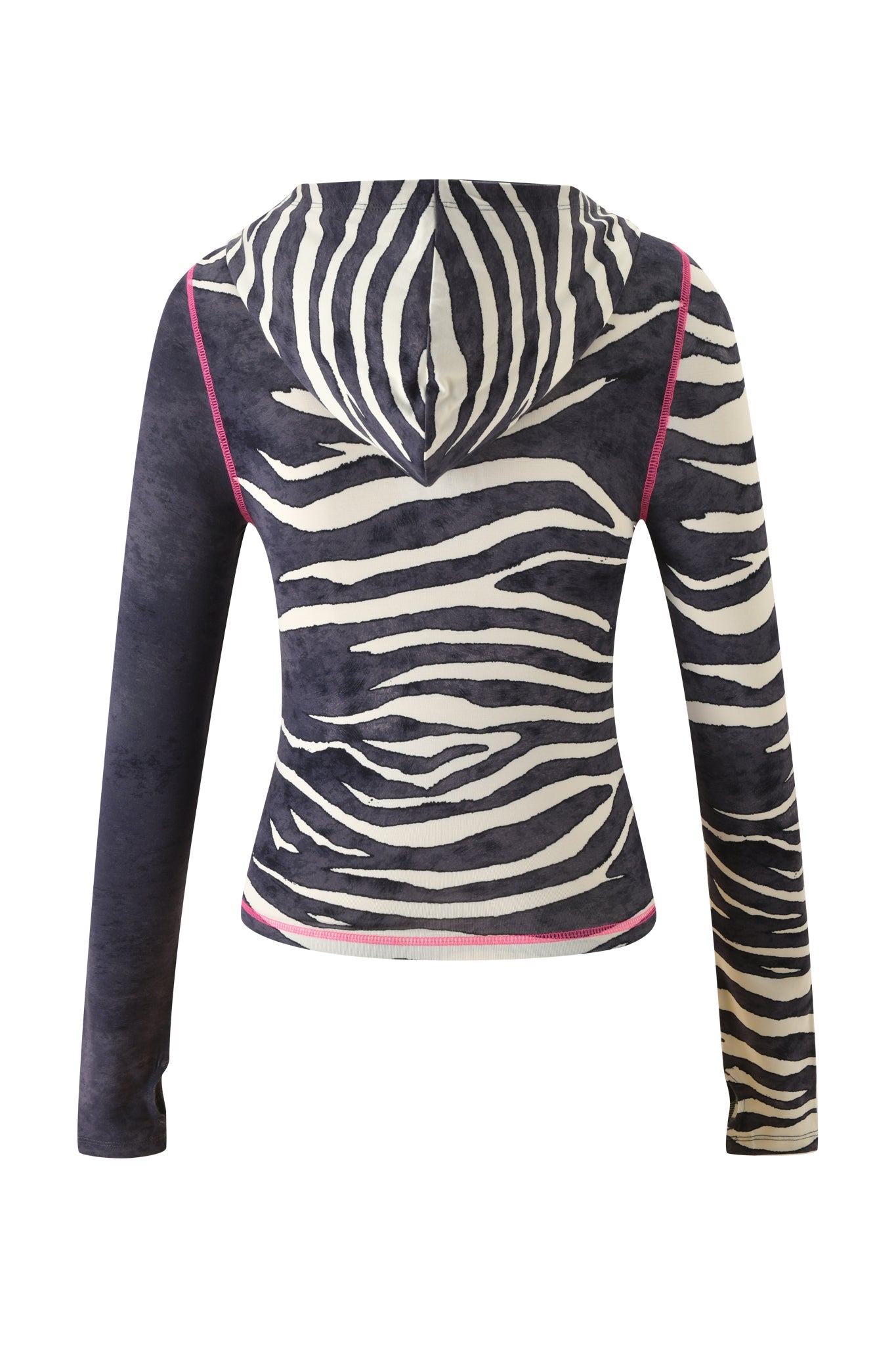 Back view of the BLARE HOODIE - BLACK WILD SIDE by I.AM.GIA, a fitted long-sleeve hoodie featuring a bold black and white zebra print with eye-catching hot pink seam details. This distinctive piece showcases matching zebra stripes on one sleeve, seamlessly combining unique style with individuality.