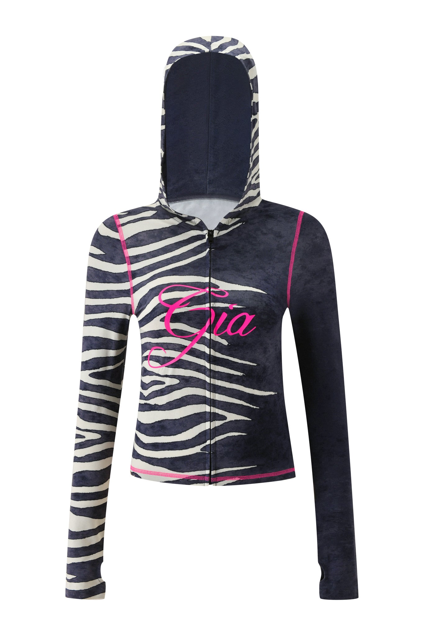 Introducing the BLARE HOODIE - BLACK WILD SIDE by I.AM.GIA: a zip-up, hooded sweatshirt designed with bold black and white zebra stripes accented by vibrant pink trim and “Gia” scripted in pink across the front. The left sleeve and right side feature the eye-catching zebra print, while the other sides remain solid black for a striking contrast.