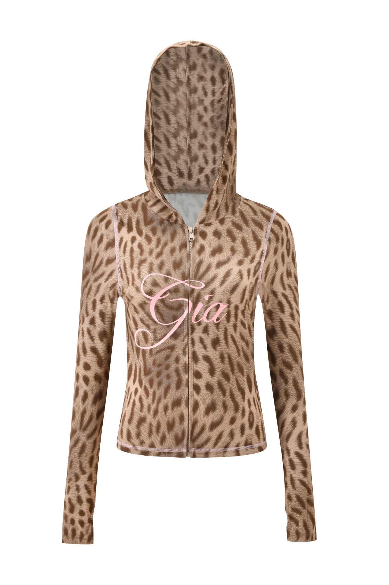 The BLARE HOODIE - BLAZE CHEETAH by I.AM.GIA is a brown zip-up hoodie with a cheetah print, hood, long sleeves, and “Gia” in pink cursive across the chest.