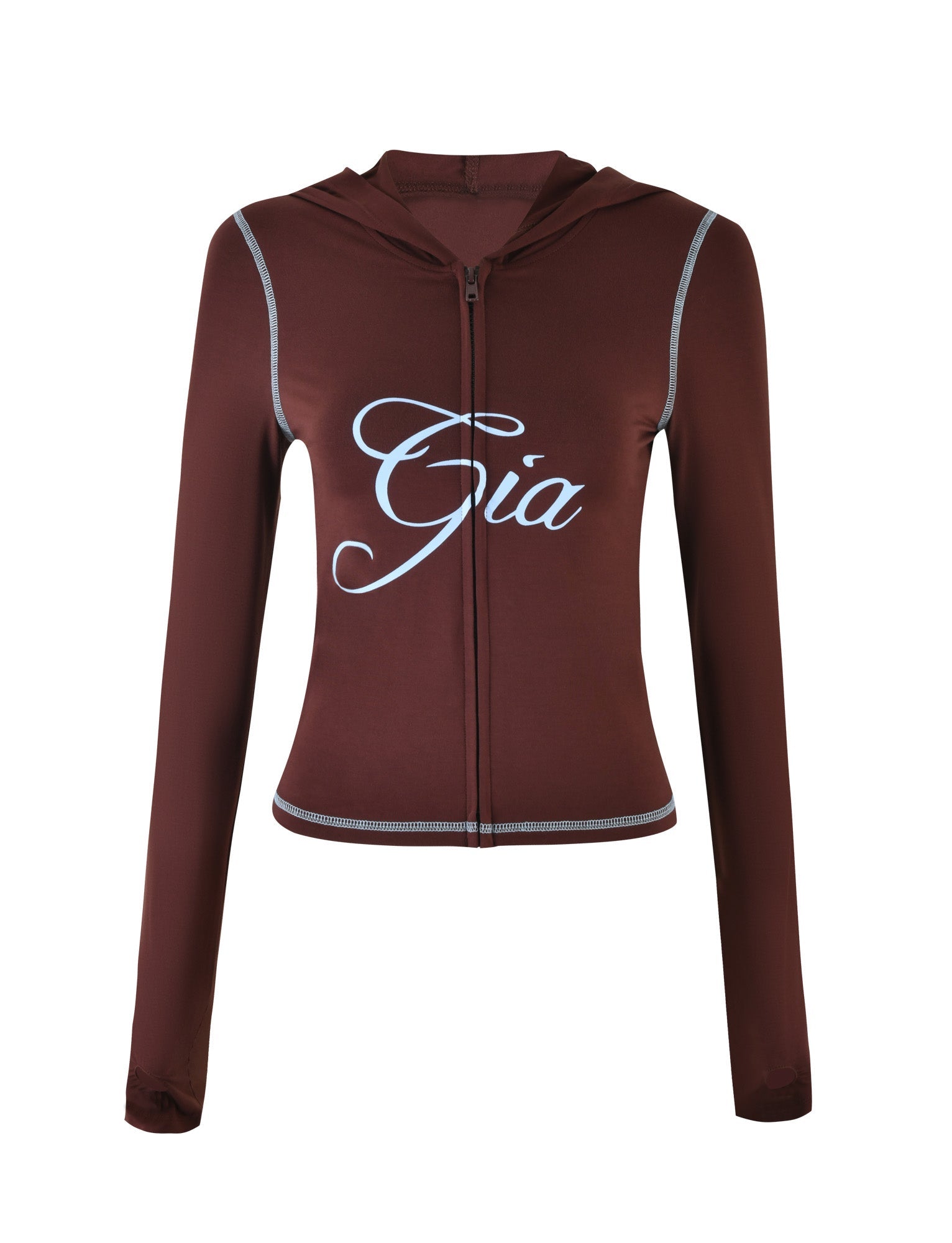 The BLARE HOODIE - BROWN by I.AM.GIA is a fitted, slightly cropped long-sleeve zip-up hoodie featuring large white cursive "I.AM.GIA" lettering on the front and white stitching along the edges.
