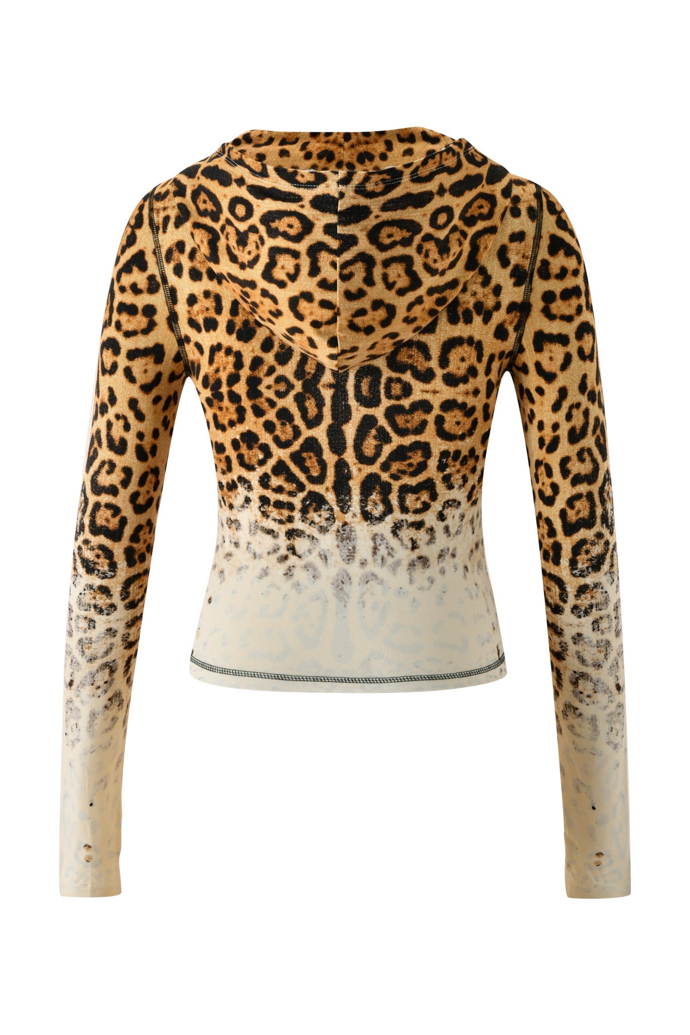 Back view of the BLARE HOODIE - CREAM FADED PANTHERA by I.AM.GIA, a long-sleeve design showcasing a striking panther-inspired print that gradually fades to white toward the hem. The fabric looks soft and stretchy, similar to bamboo material, with the hood clearly visible at the top.