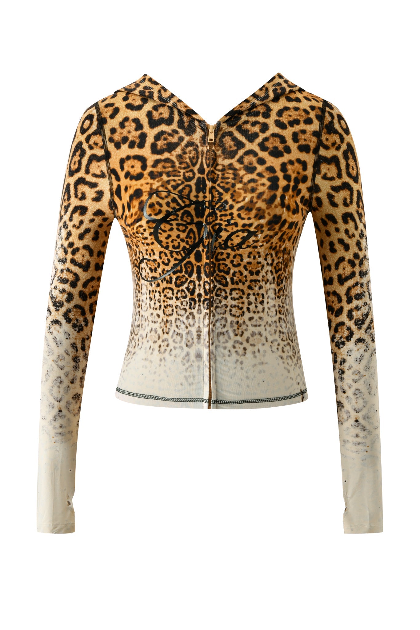 The BLARE HOODIE - CREAM FADED PANTHERA by I.AM.GIA is a fitted, long-sleeve bamboo hoodie featuring a zip-up front and a distinctive leopard print that gradually fades to light beige at the hem. Finished with a subtle V-shaped neckline, it effortlessly blends comfort with chic style.