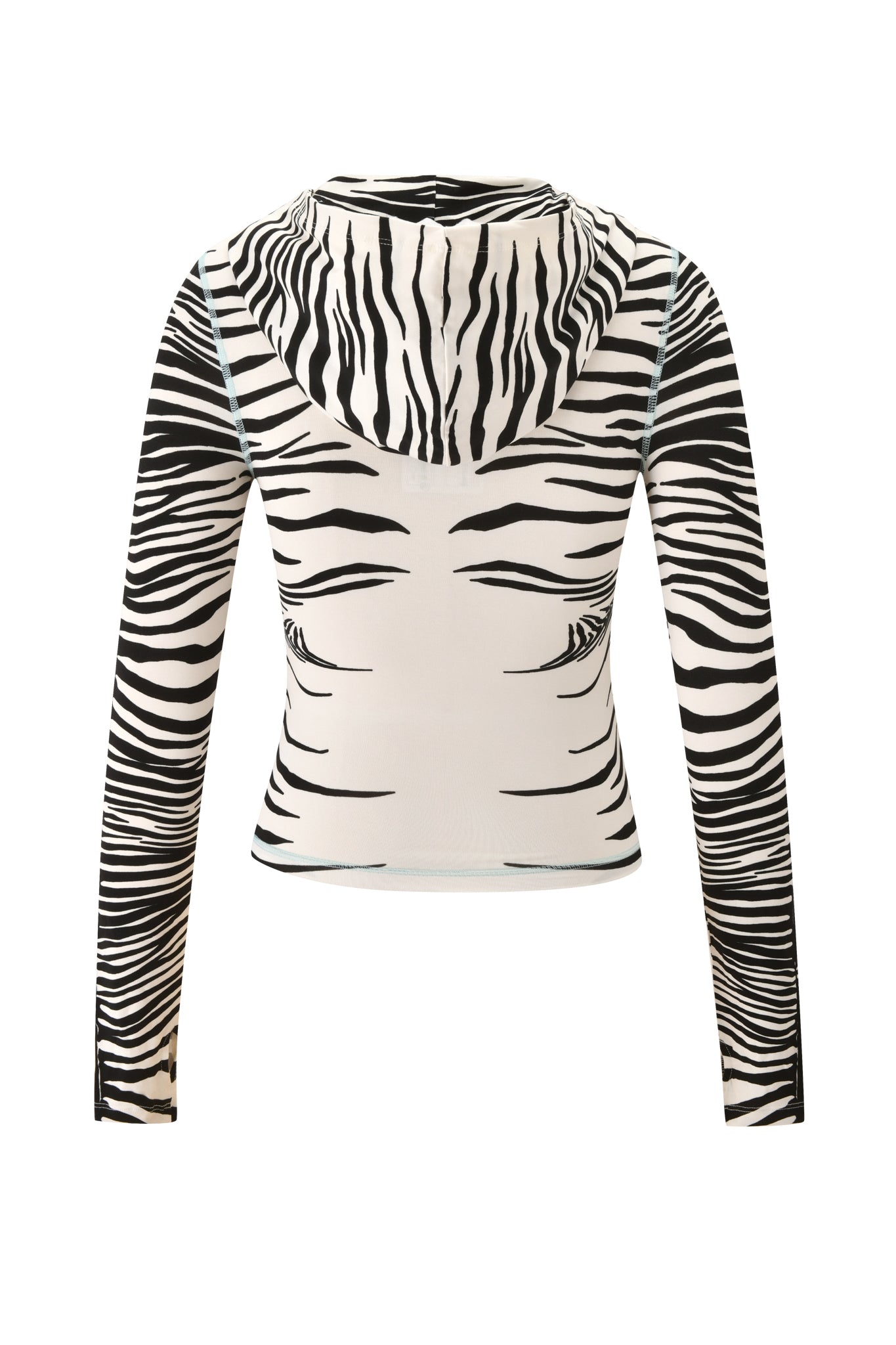 The BLARE HOODIE - FINE LINE ZEBRA by I.AM.GIA is displayed from the back, featuring a long-sleeve, fitted design with a black and white zebra stripe pattern, set against a plain white background.