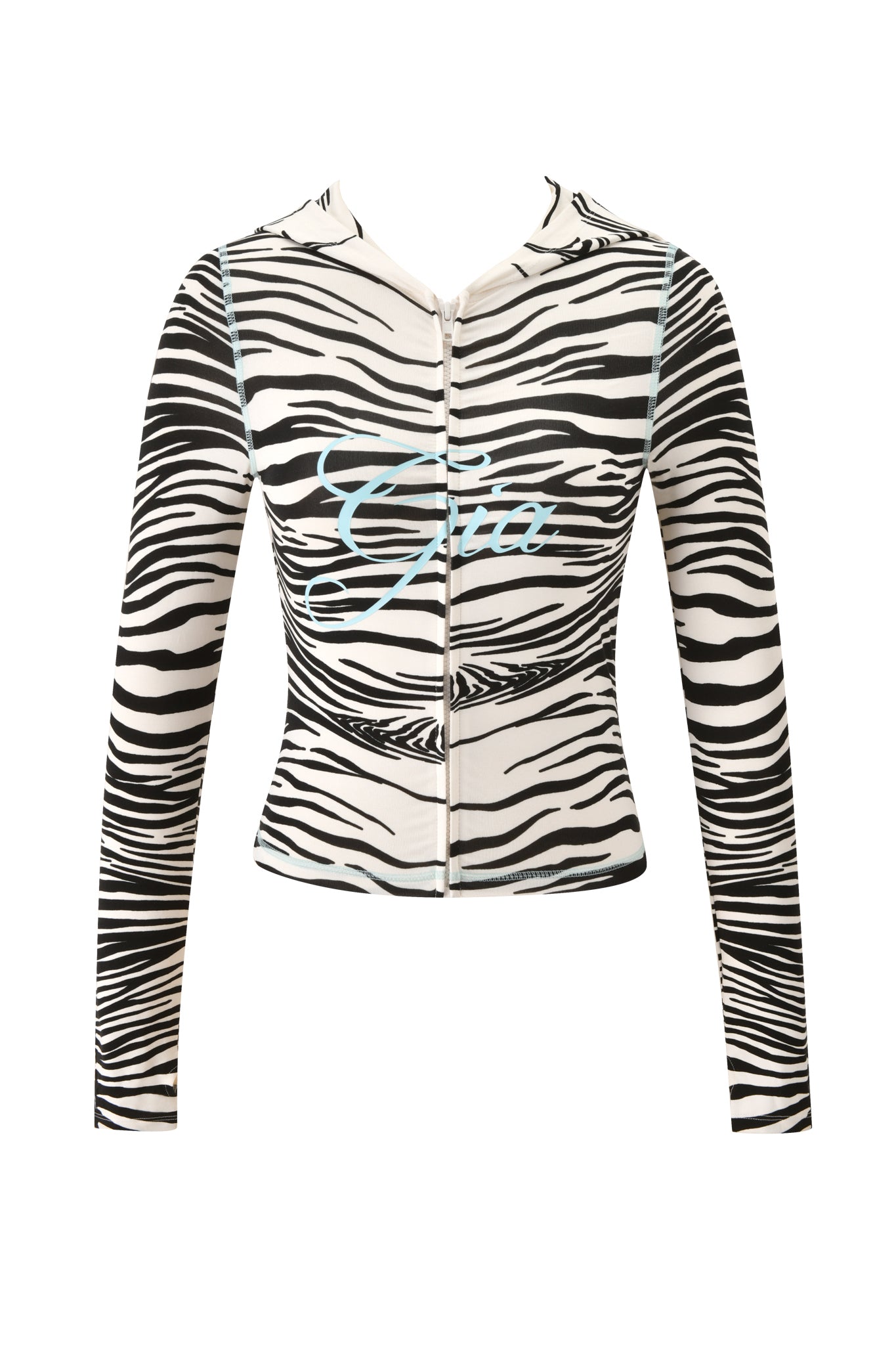 BLARE HOODIE - FINE LINE ZEBRA by I.AM.GIA: A long-sleeve zebra print hoodie with a zip-up front, fitted waist, and “Gia” written in light blue script across the chest.