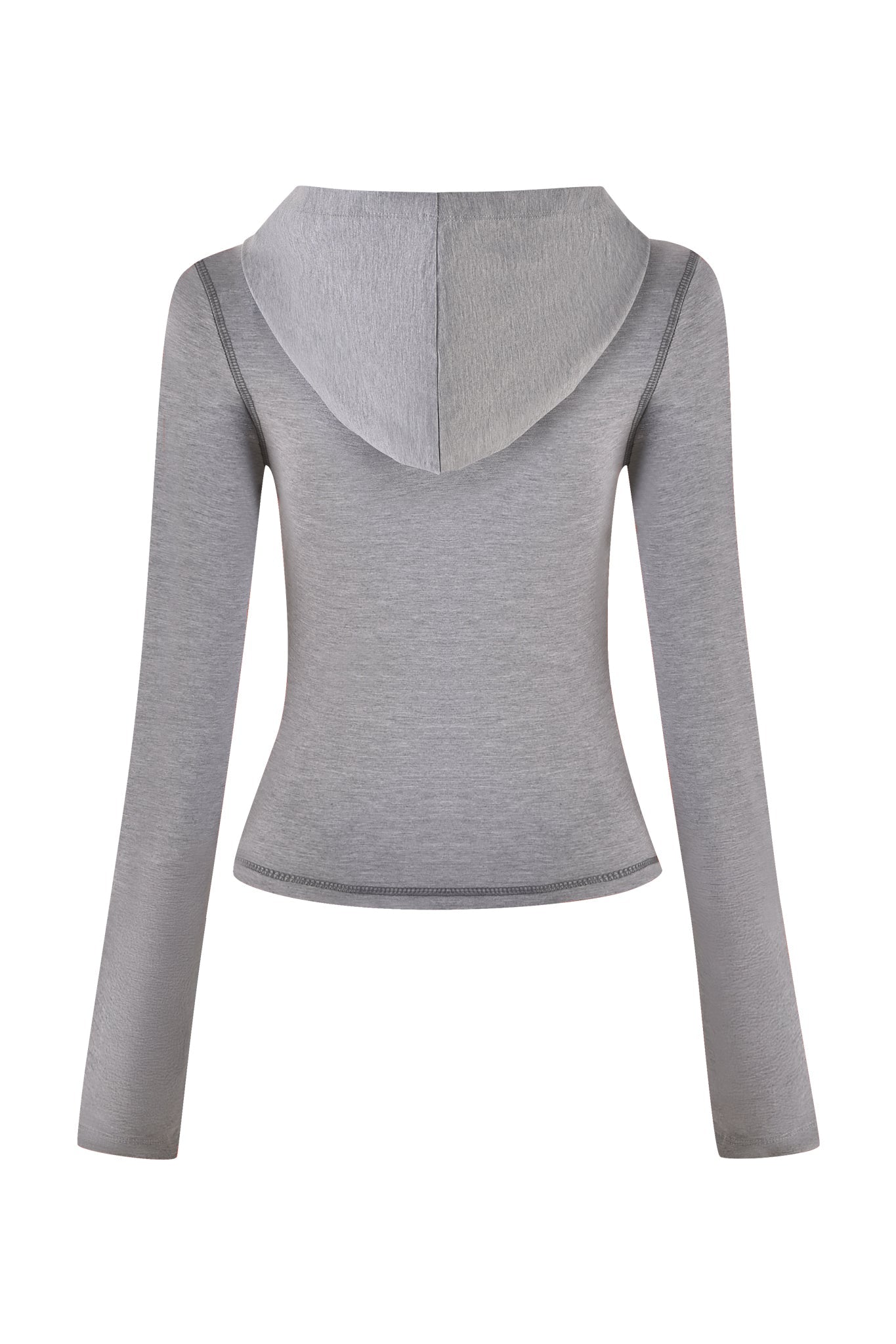 The BLARE JERSEY HOODIE in heather grey by I.AM.GIA is shown from the back, with a plain fitted look, simple hood, and visible seam stitching along the sleeves and sides.