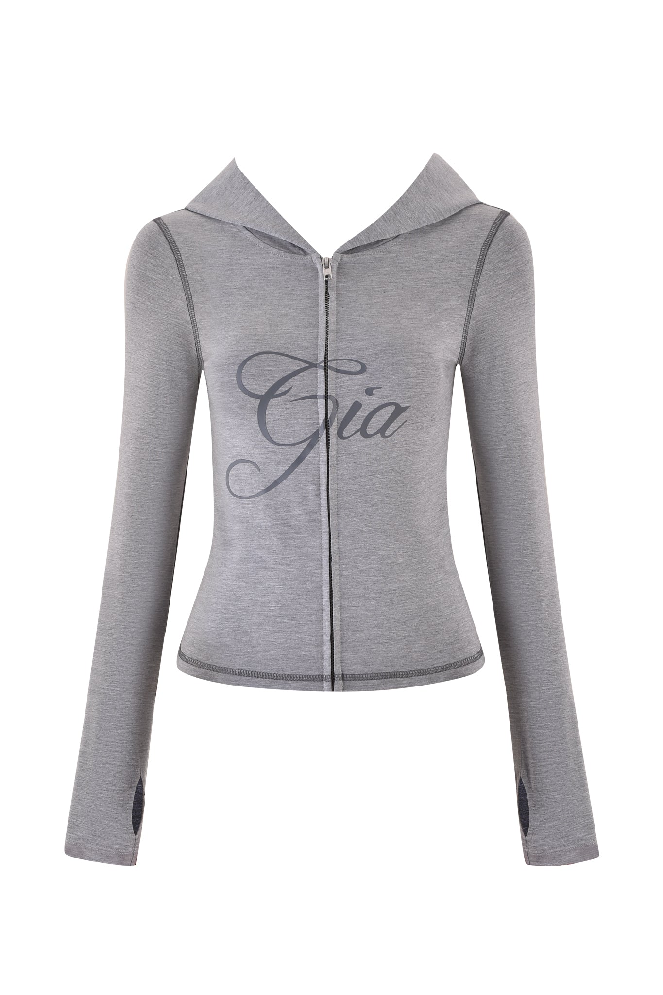 The BLARE JERSEY HOODIE in heather grey by I.AM.GIA is a long-sleeve zip-up with a wide collar, bold "Gia" script on the chest, dark seam details, and thumb holes on the sleeves.