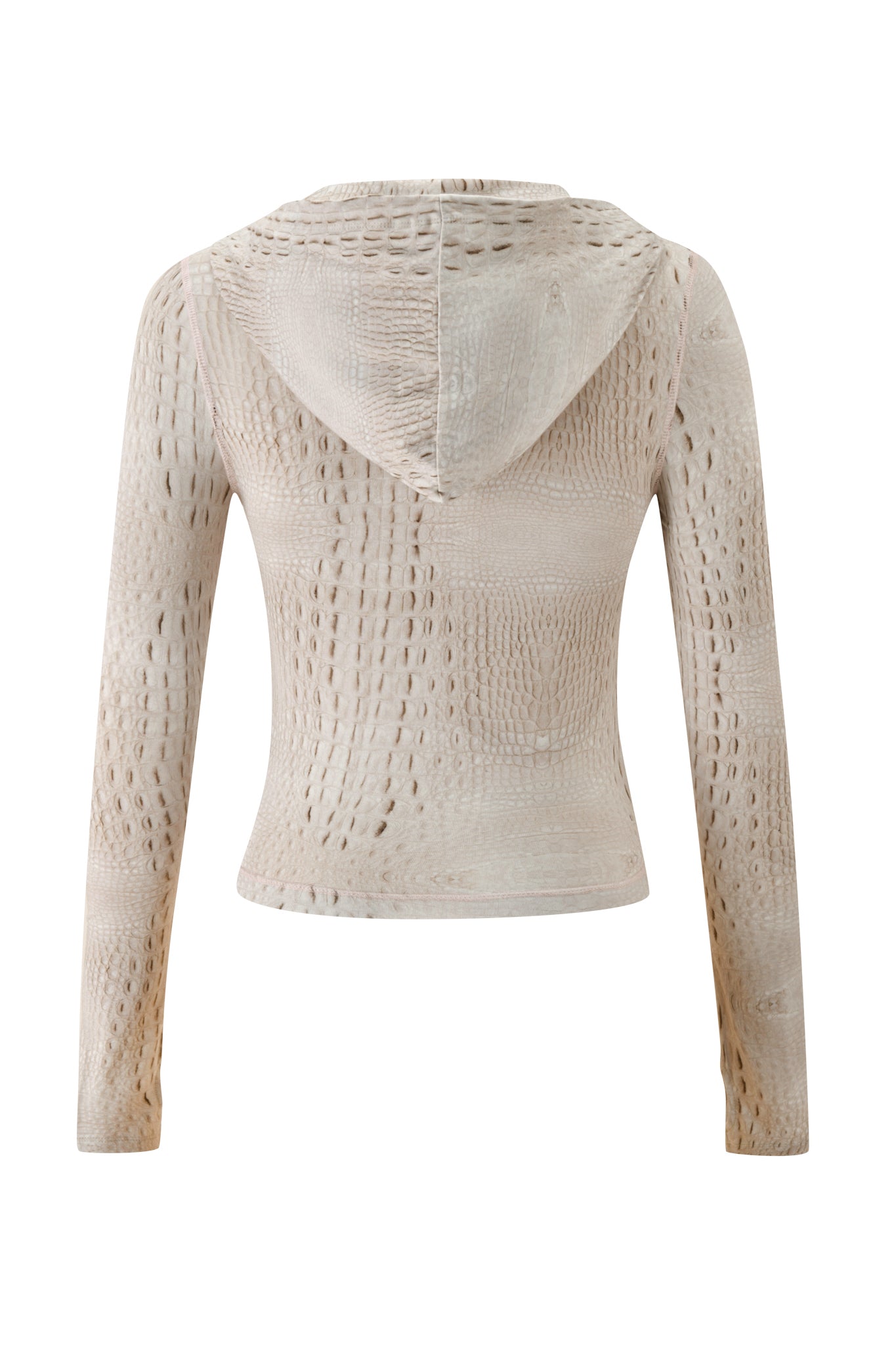 The BLARE HOODIE - HOT CROC by I.AM.GIA is a beige, long-sleeve hoodie featuring a subtle Hot Croc textured pattern reminiscent of reptile skin, crafted from soft bamboo fabric and displayed from the back against a white background.