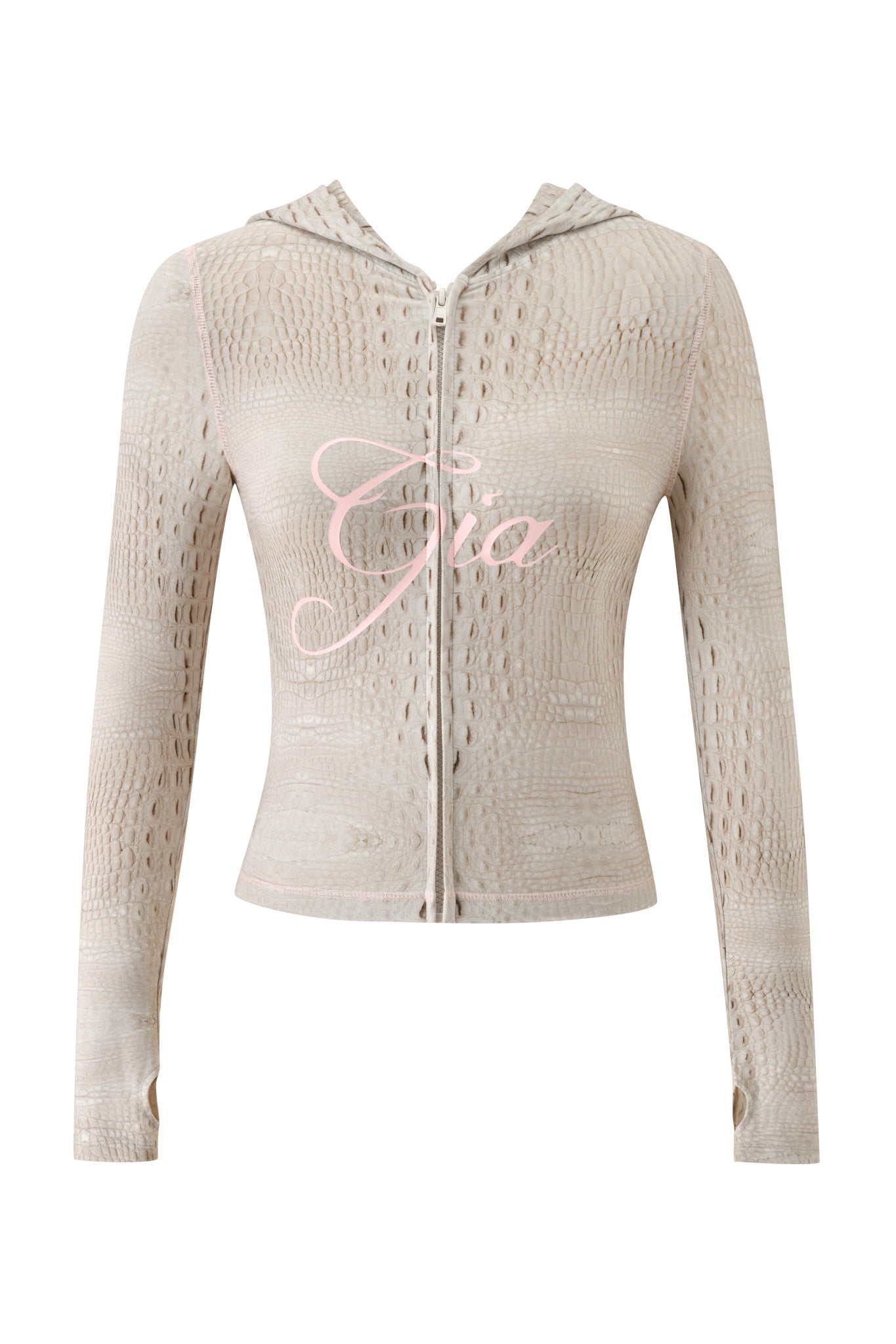 The BLARE HOODIE - HOT CROC by I.AM.GIA is a beige, zip-up hoodie featuring a textured design, a subtle Hot Croc print, and “Gia” in pink script across the chest. It is crafted from soft bamboo fabrication for enhanced comfort.