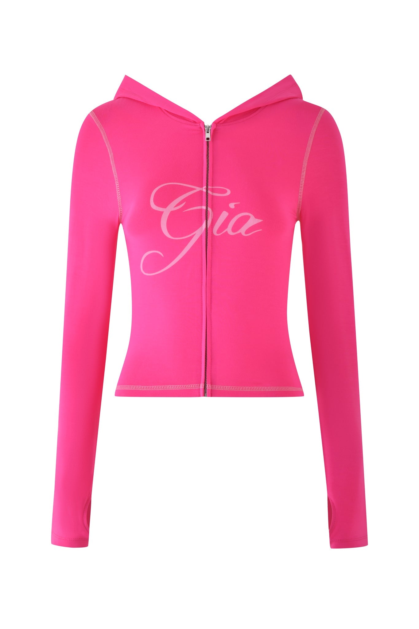 The I.AM.GIA Blare Hoodie in hot pink features a bodycon silhouette, a front zipper, and an adjustable hood. This long-sleeve cropped hoodie displays "Gia" in cursive on the chest.