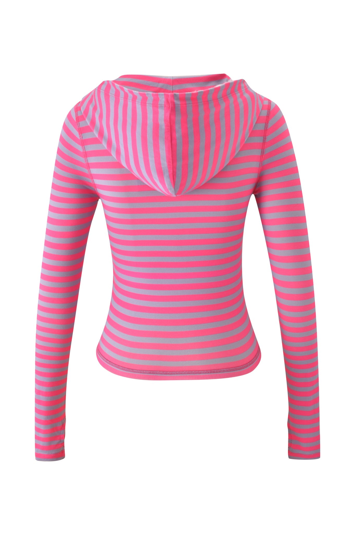 The I.AM.GIA BLARE HOODIE - HOT PINK STRIPE is a long-sleeved hoodie made from bamboo fabric, featuring horizontal pink and light blue stripes, displayed from the back against a white background.
